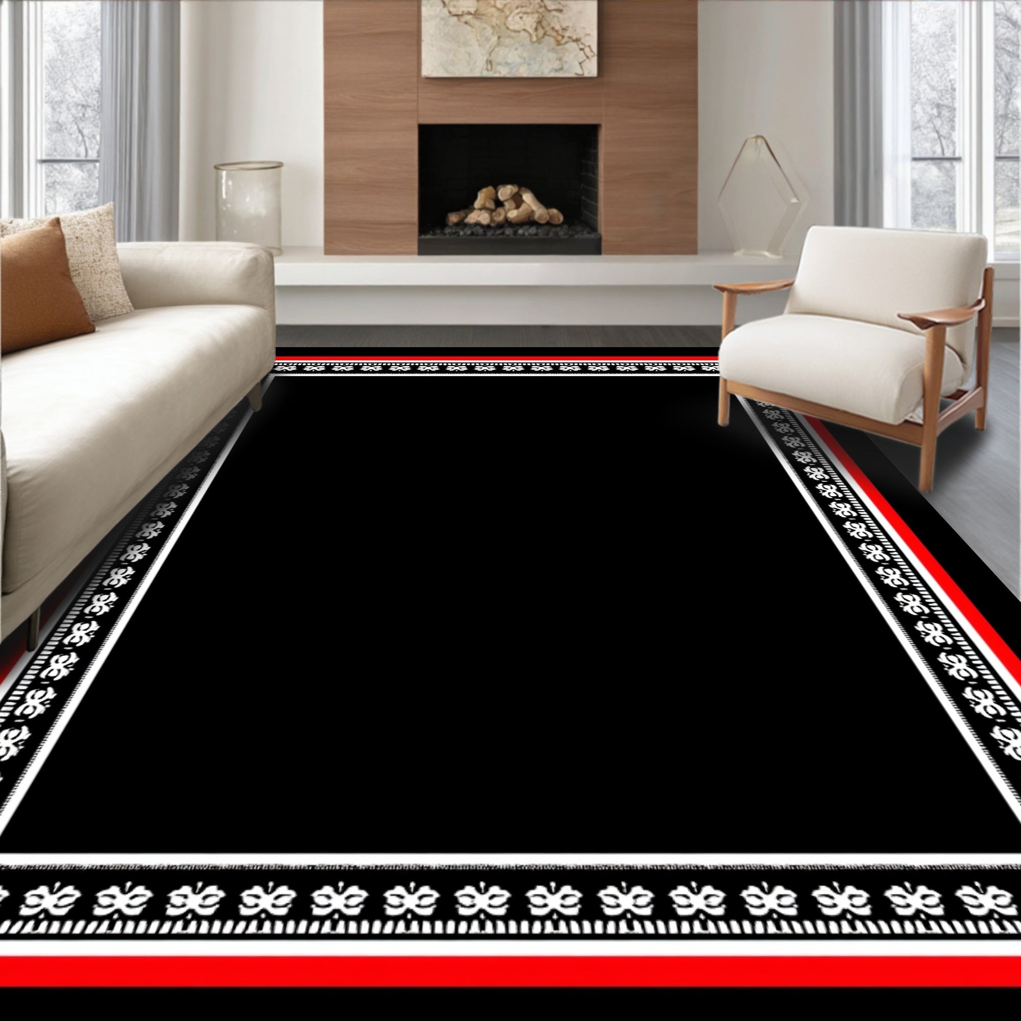 Red White Black Floral Border Rug