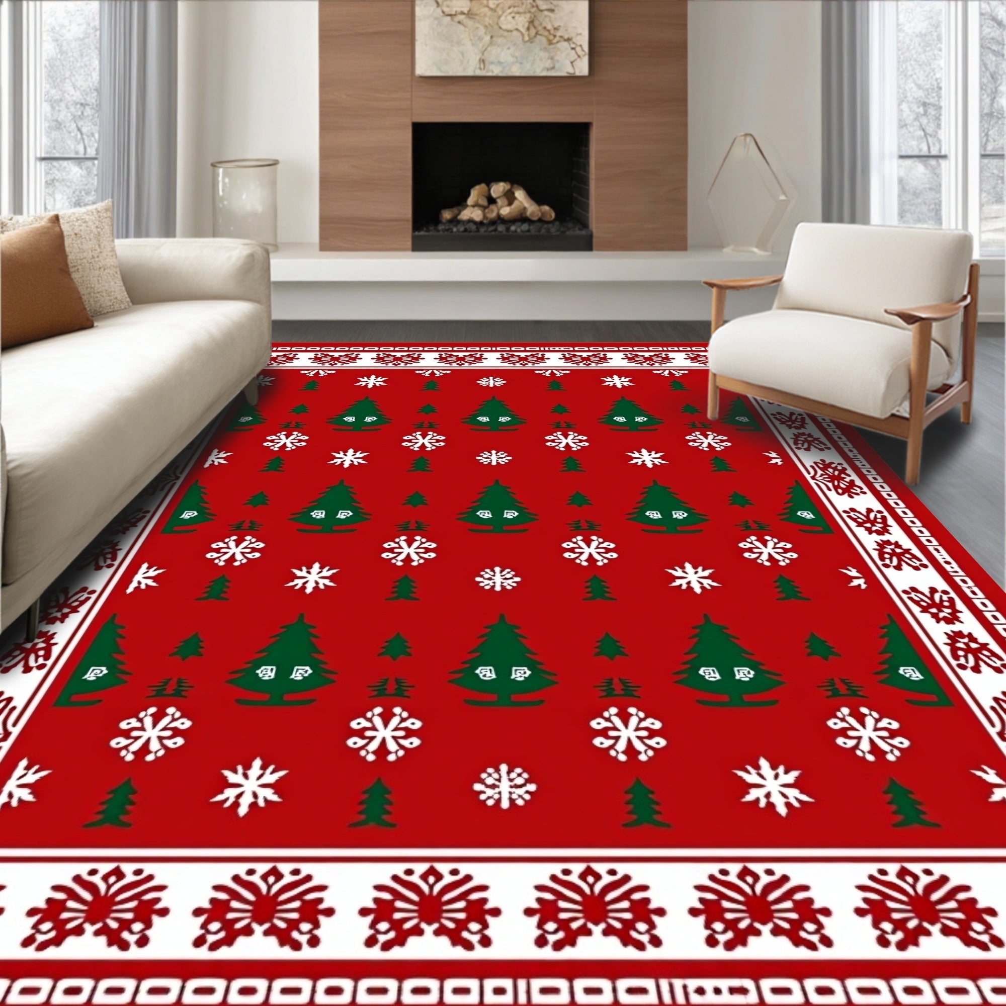 Classic Red White Christmas Tree Snowflakes Rug