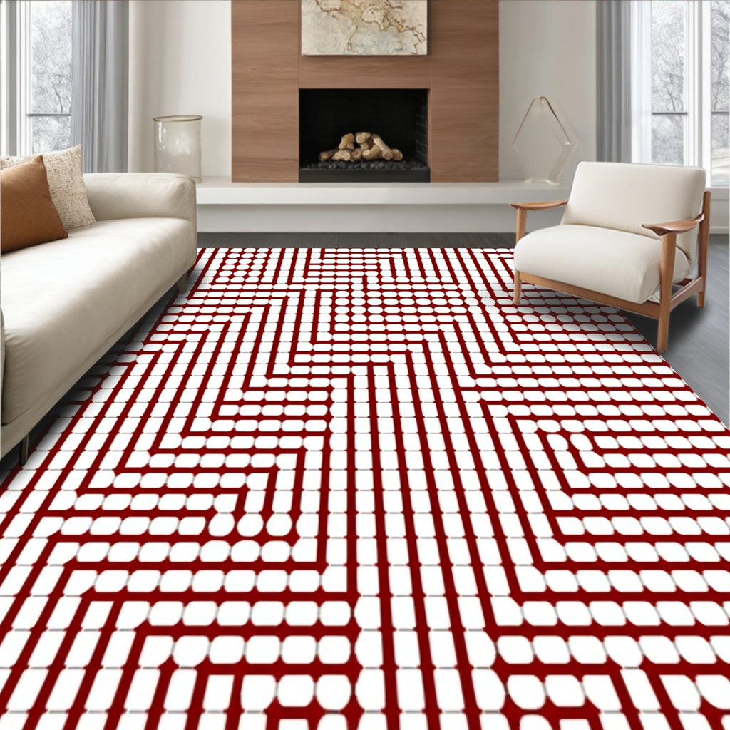 Deep Red Geometric Zigzag Circles Rug