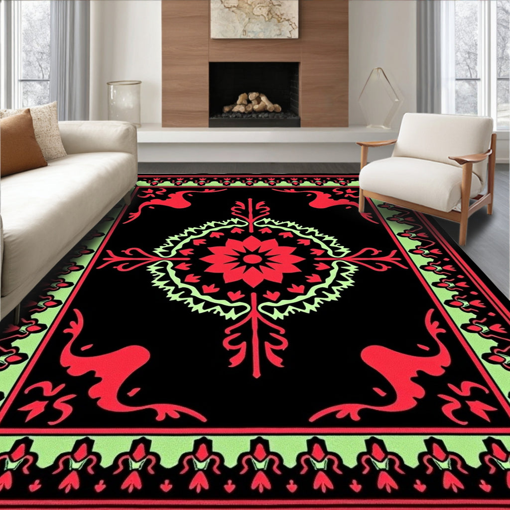 Crimson Mint Black Floral Motif Rug