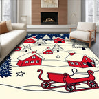 Red Village Snow Scene Sleigh Stars Rug
