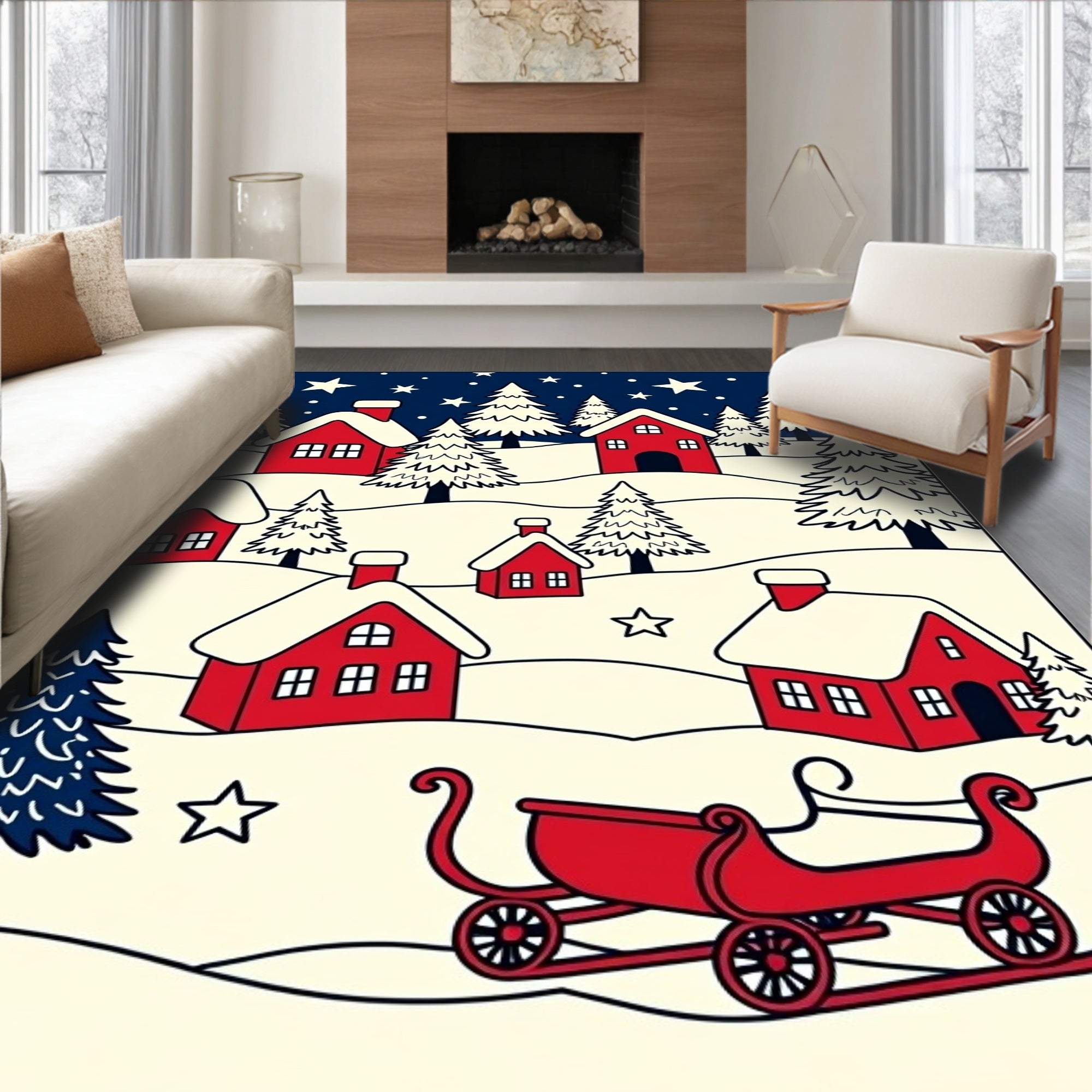 Red Village Snow Scene Sleigh Stars Rug