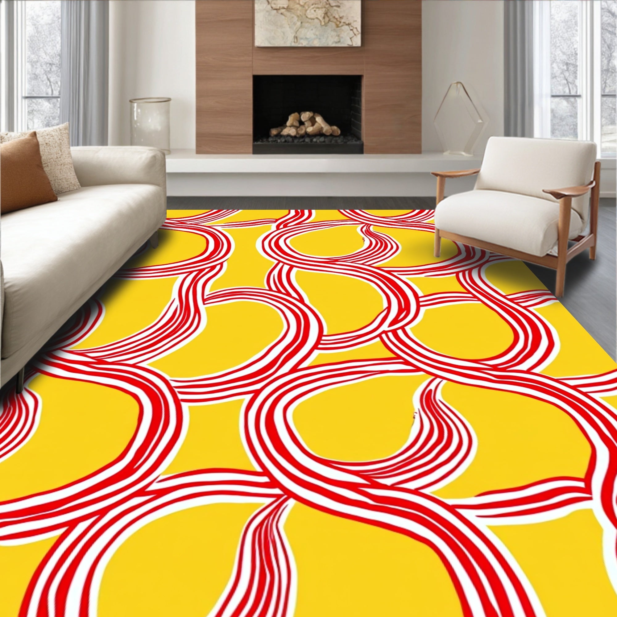 Bold Red Swirls Yellow Rug