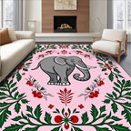 Whimsical Pink Elephant Floral Border Rug