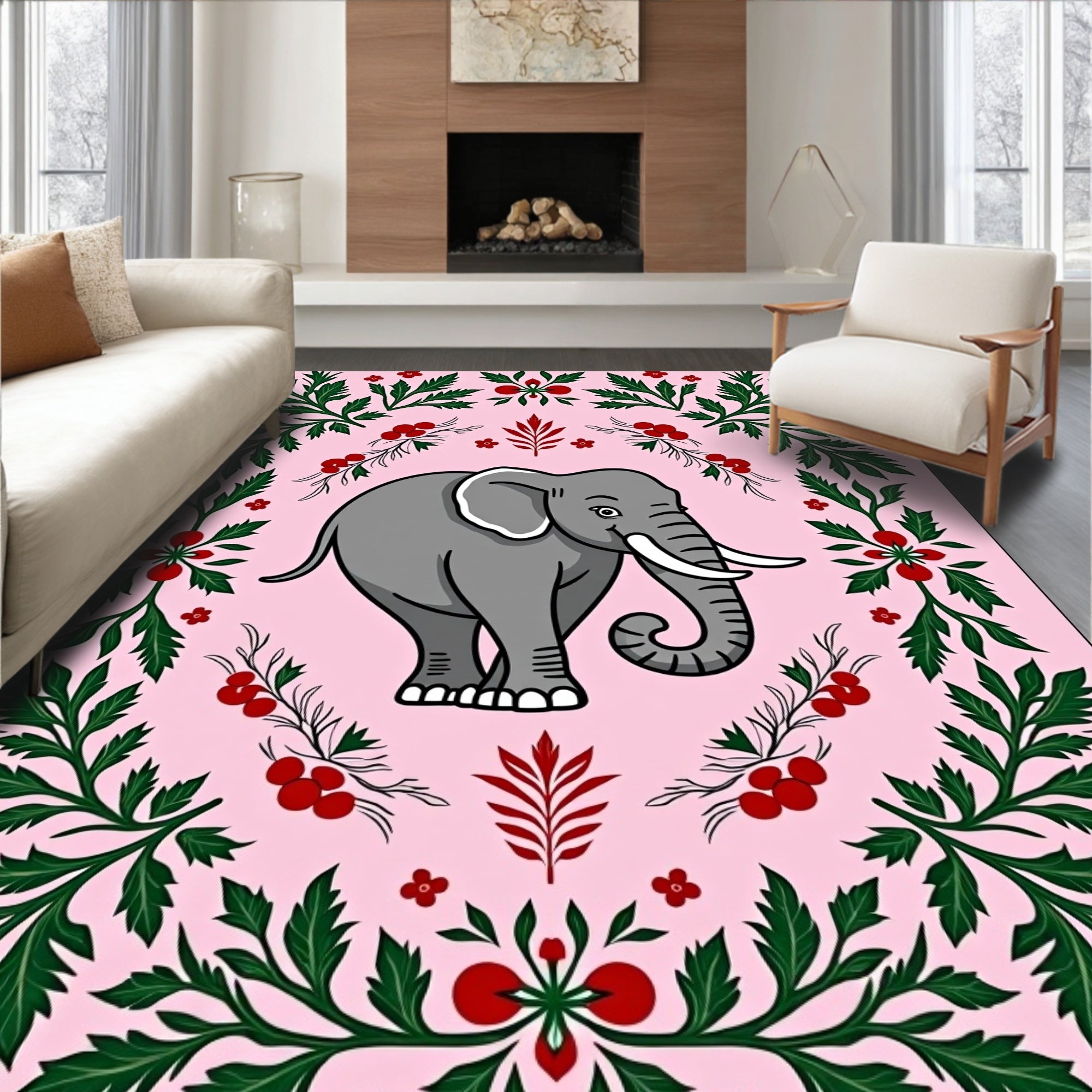 Whimsical Pink Elephant Floral Border Rug