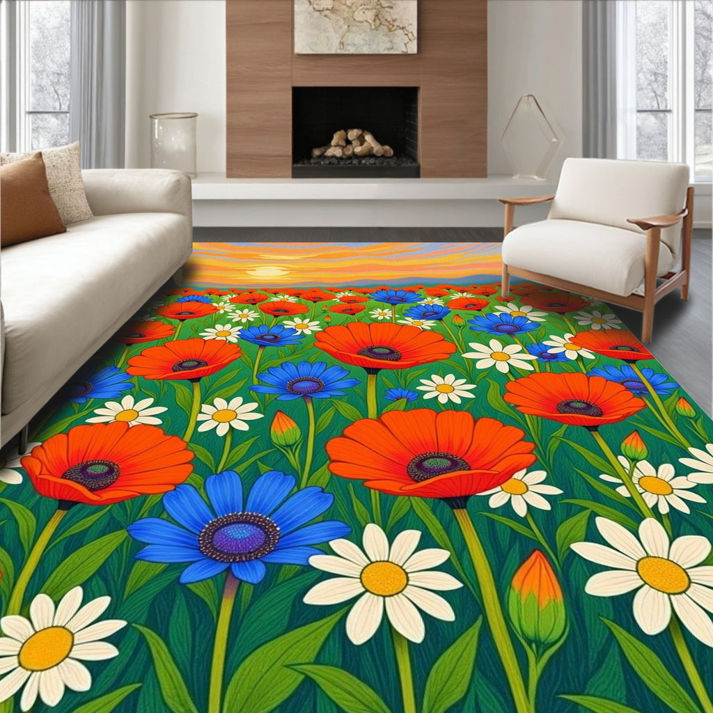 Bright Poppy Field Sunset Rug