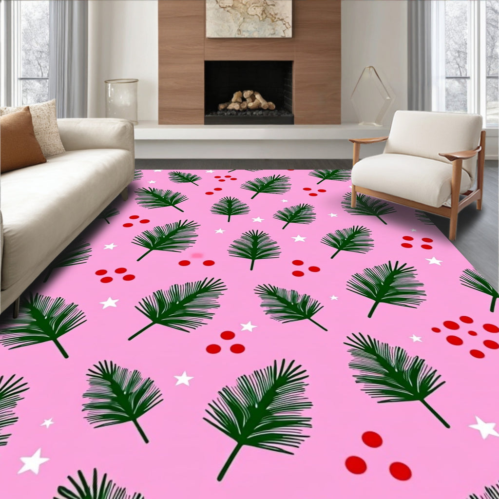 Pink Forest Evergreen Sprigs Stars Rug