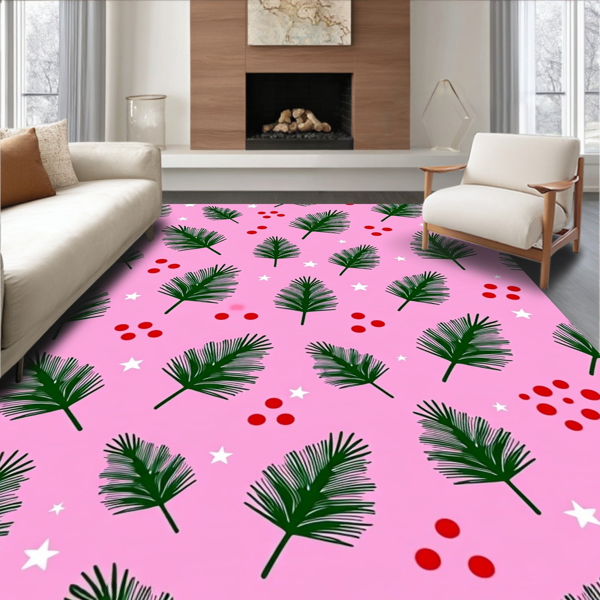 Pink Forest Evergreen Sprigs Stars Rug