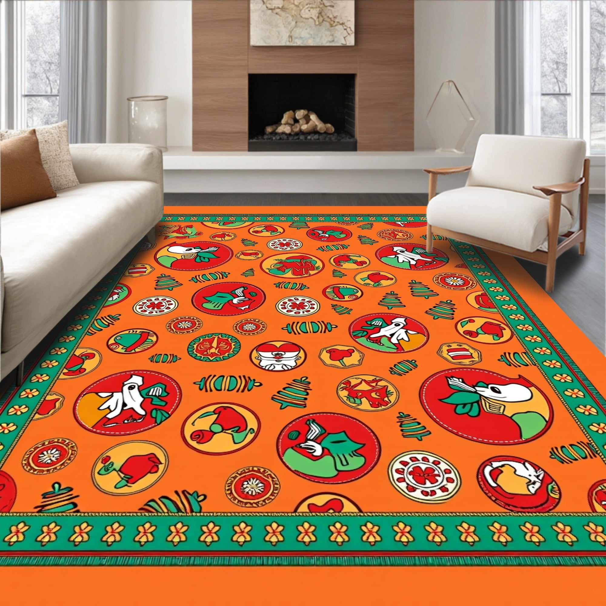 Orange Whimsical Folk Art Creatures Rug