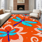 Bright Orange Dragonfly Floral Whimsy Rug