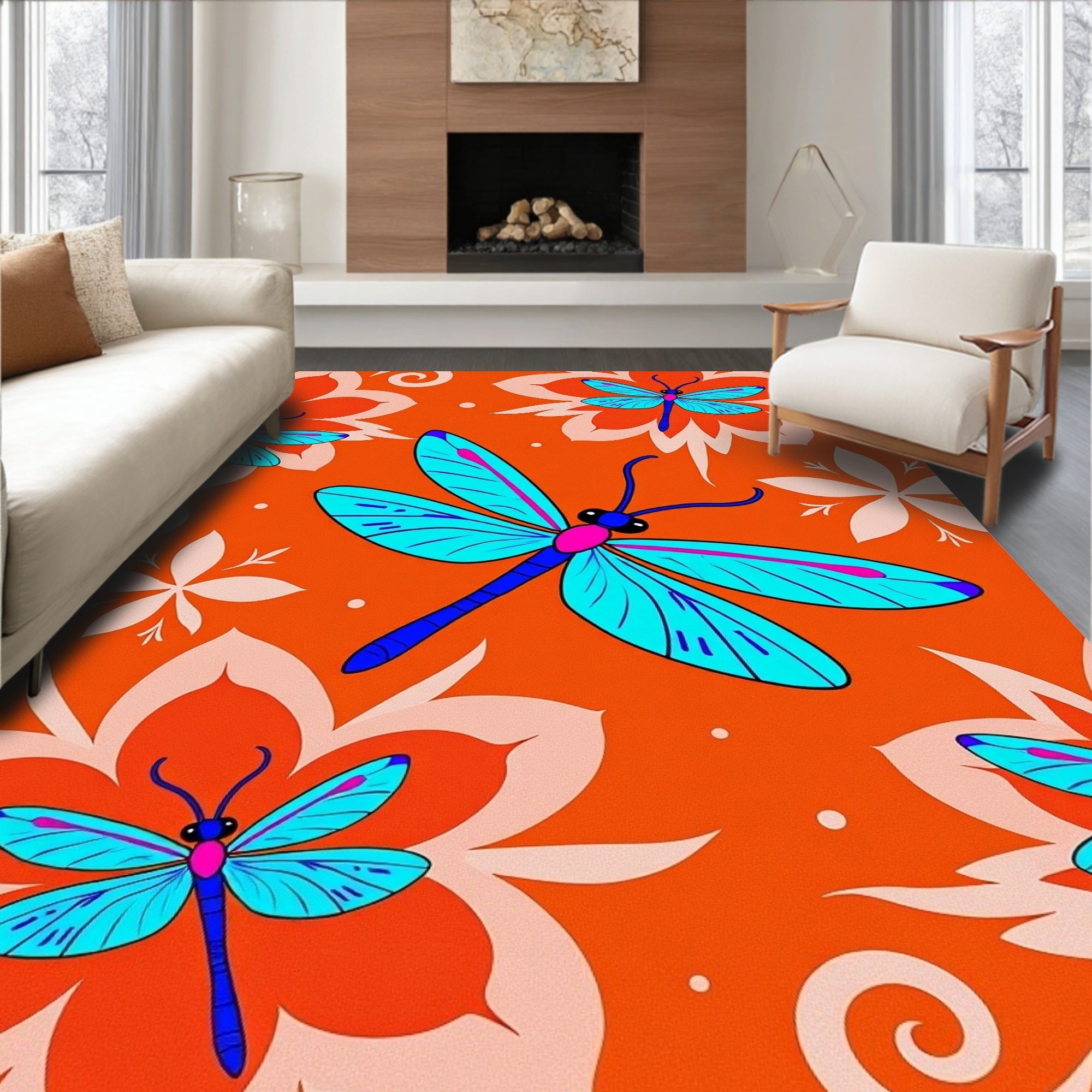 Bright Orange Dragonfly Floral Whimsy Rug
