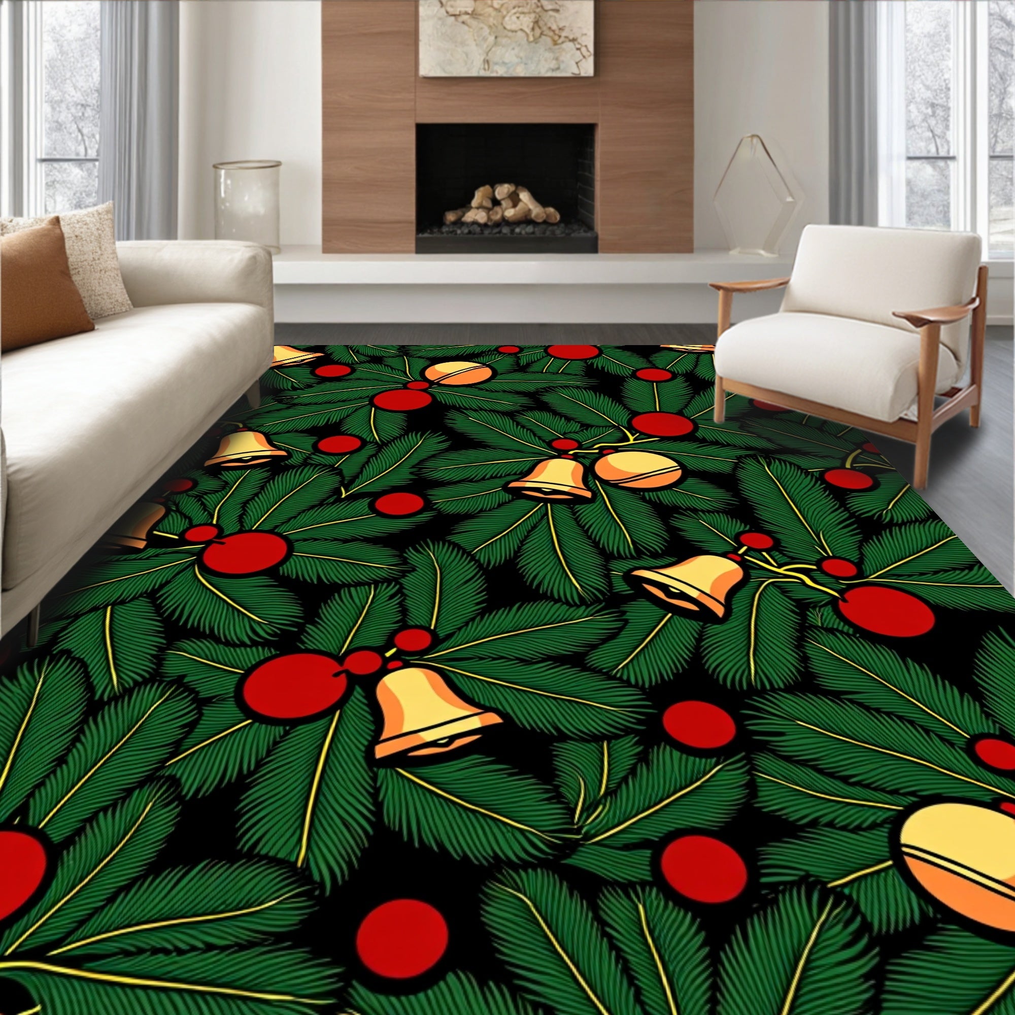 Festive Green Pine Holly Bells Rug