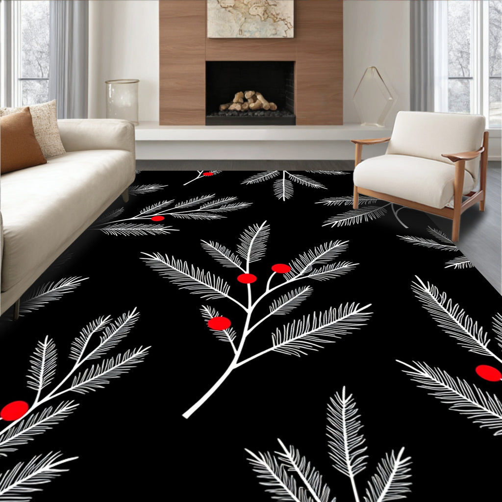 White Needle Branch Red Berry Black Rug