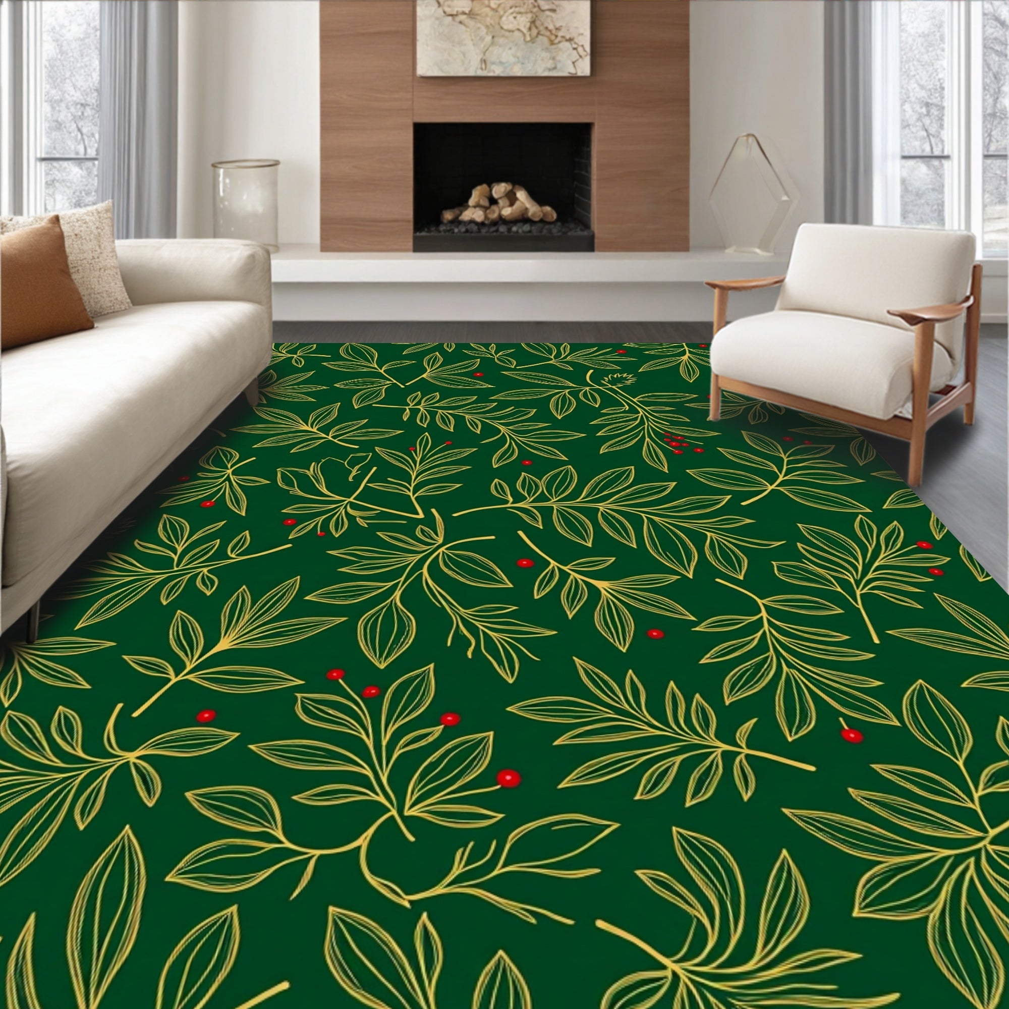 Emerald Green Golden Leaf Berry Rug