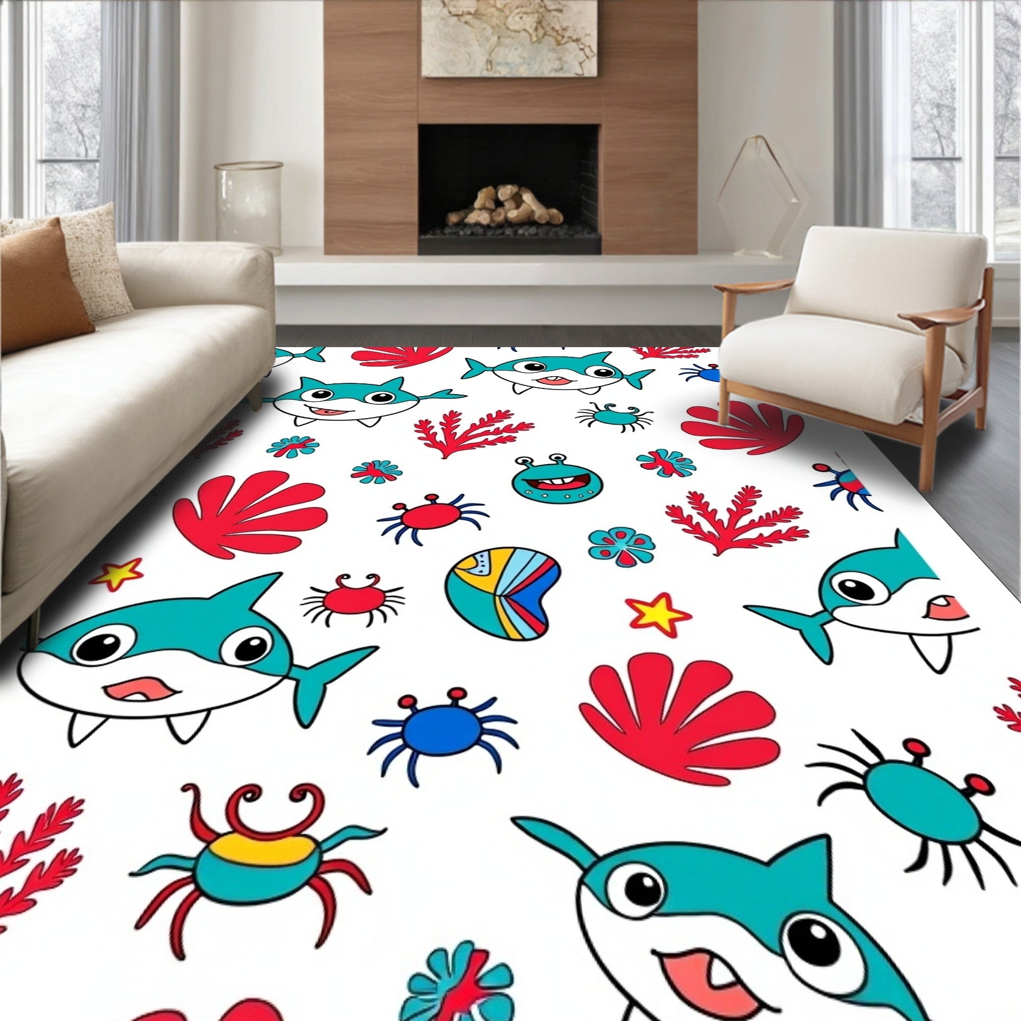 Whimsical Sea Creatures Turquoise Coral Rug