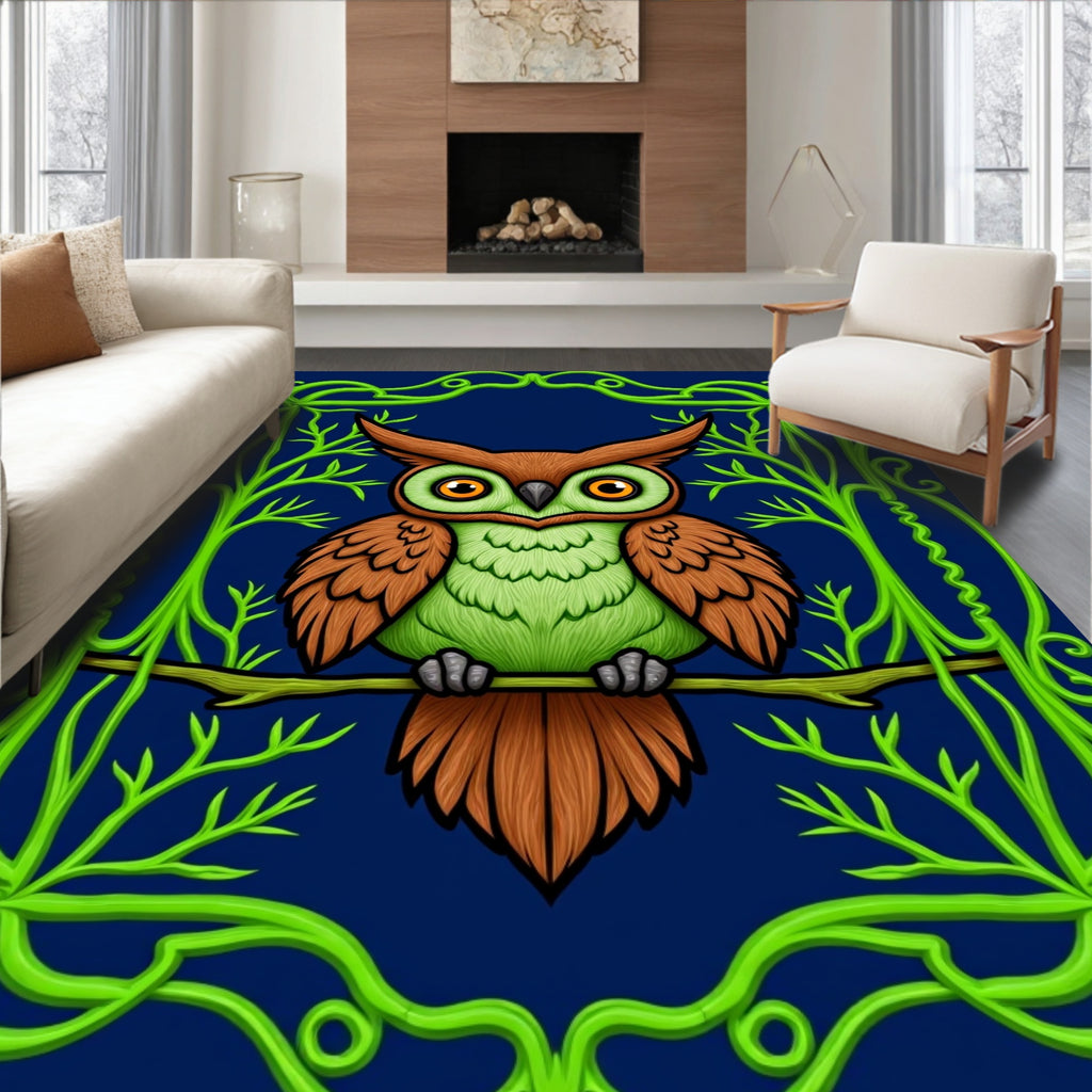 Emerald Owl Perched on Branch Rug
