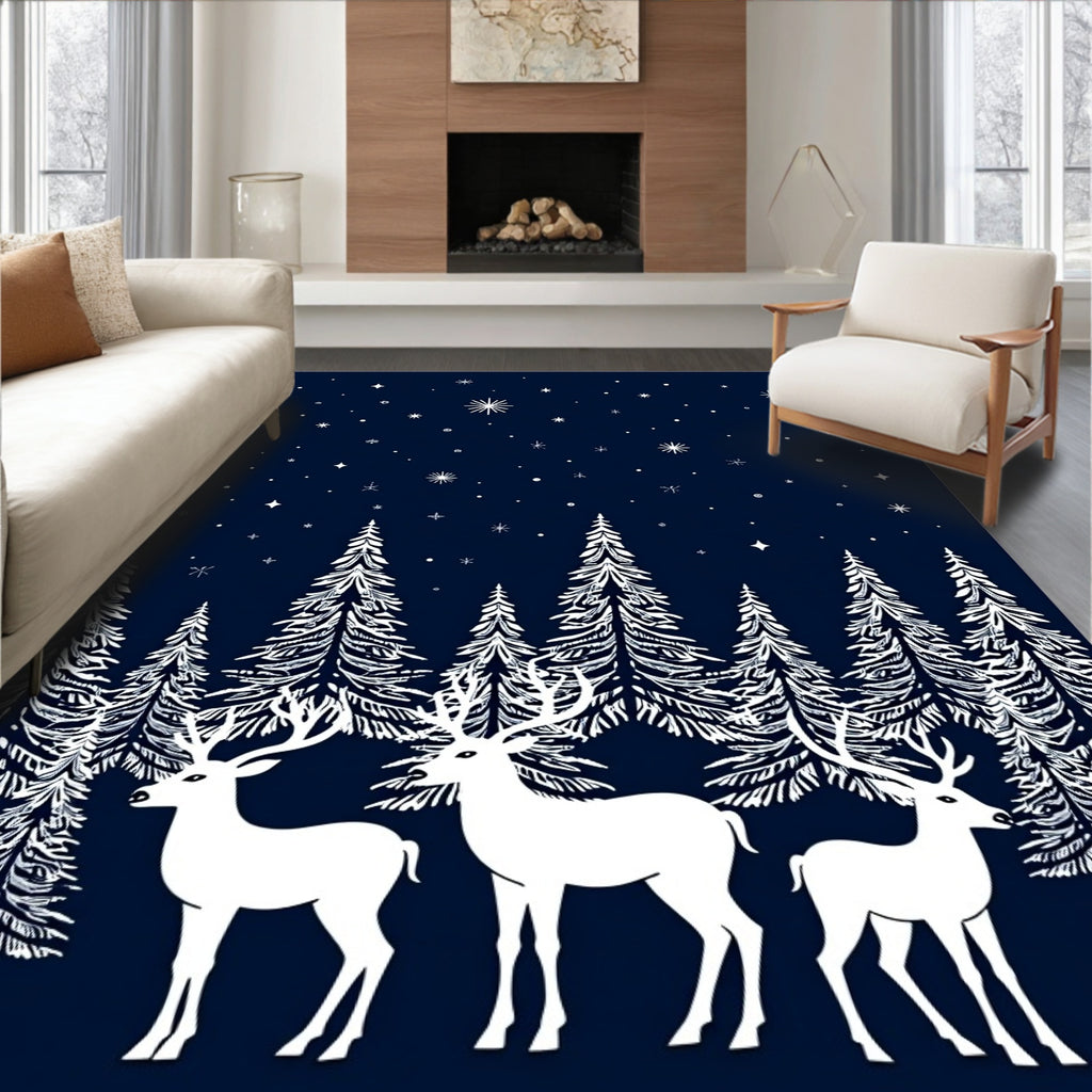 White Deer Forest Night Sky Rug