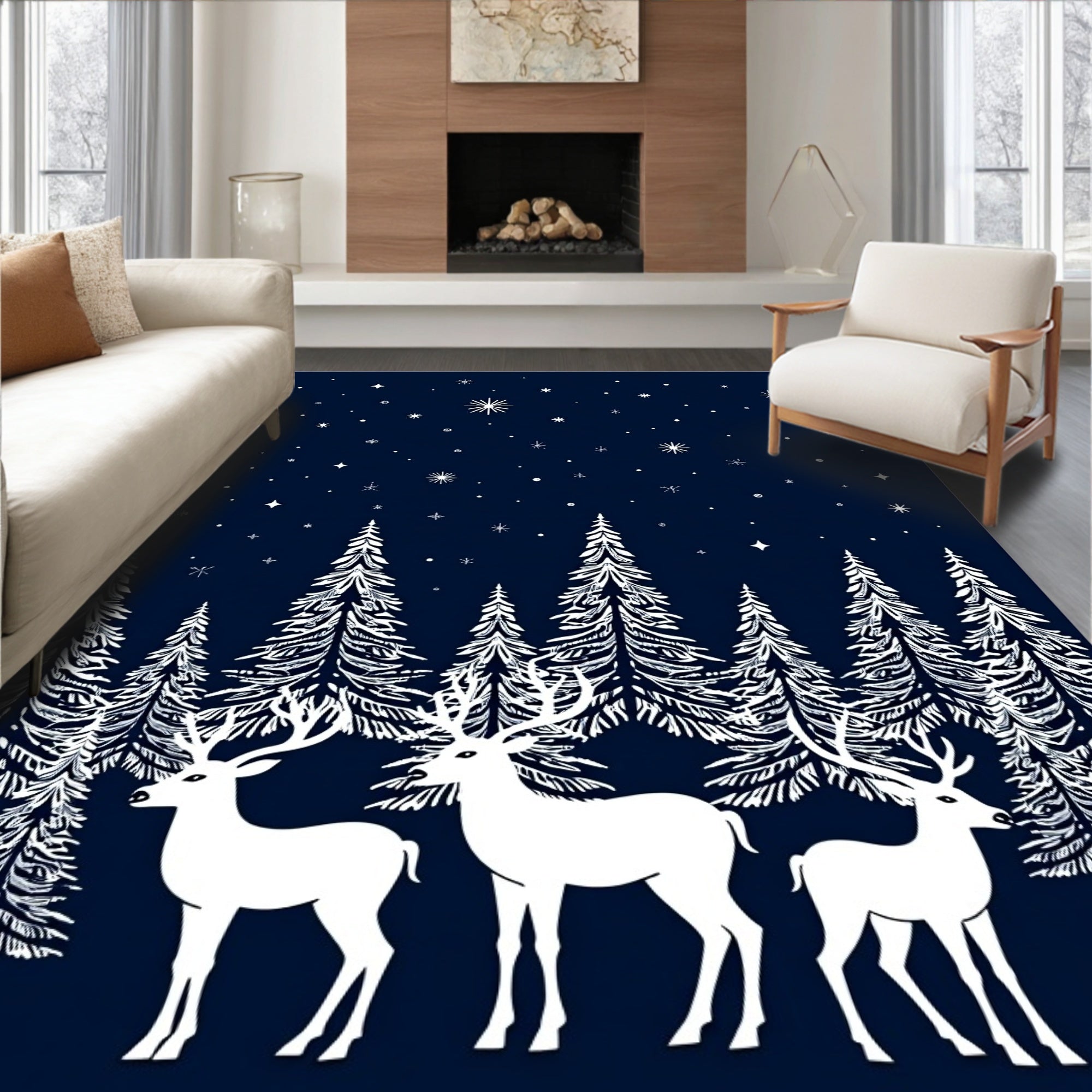 White Deer Forest Night Sky Rug
