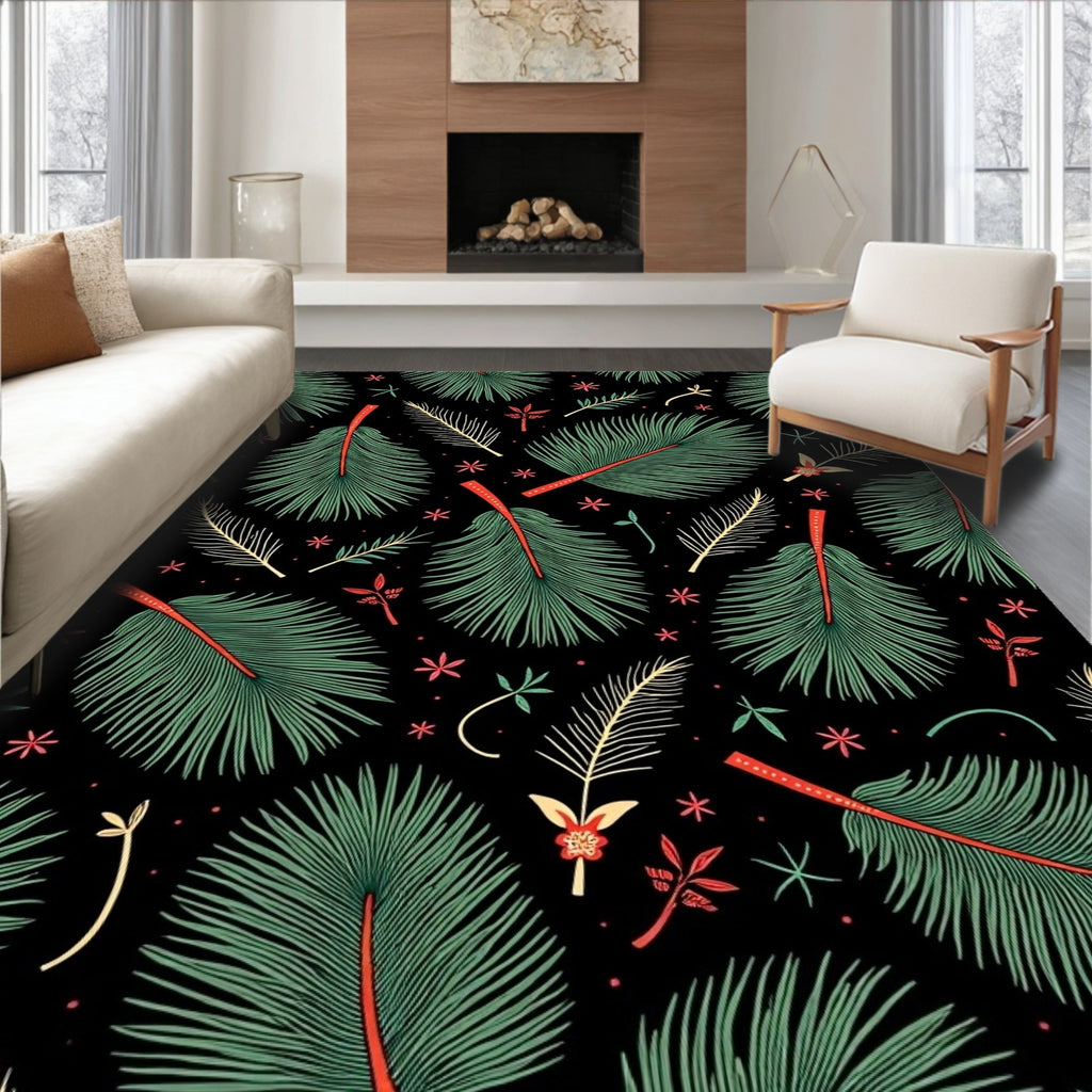 Green Palm Fronds Red Accents Black Rug