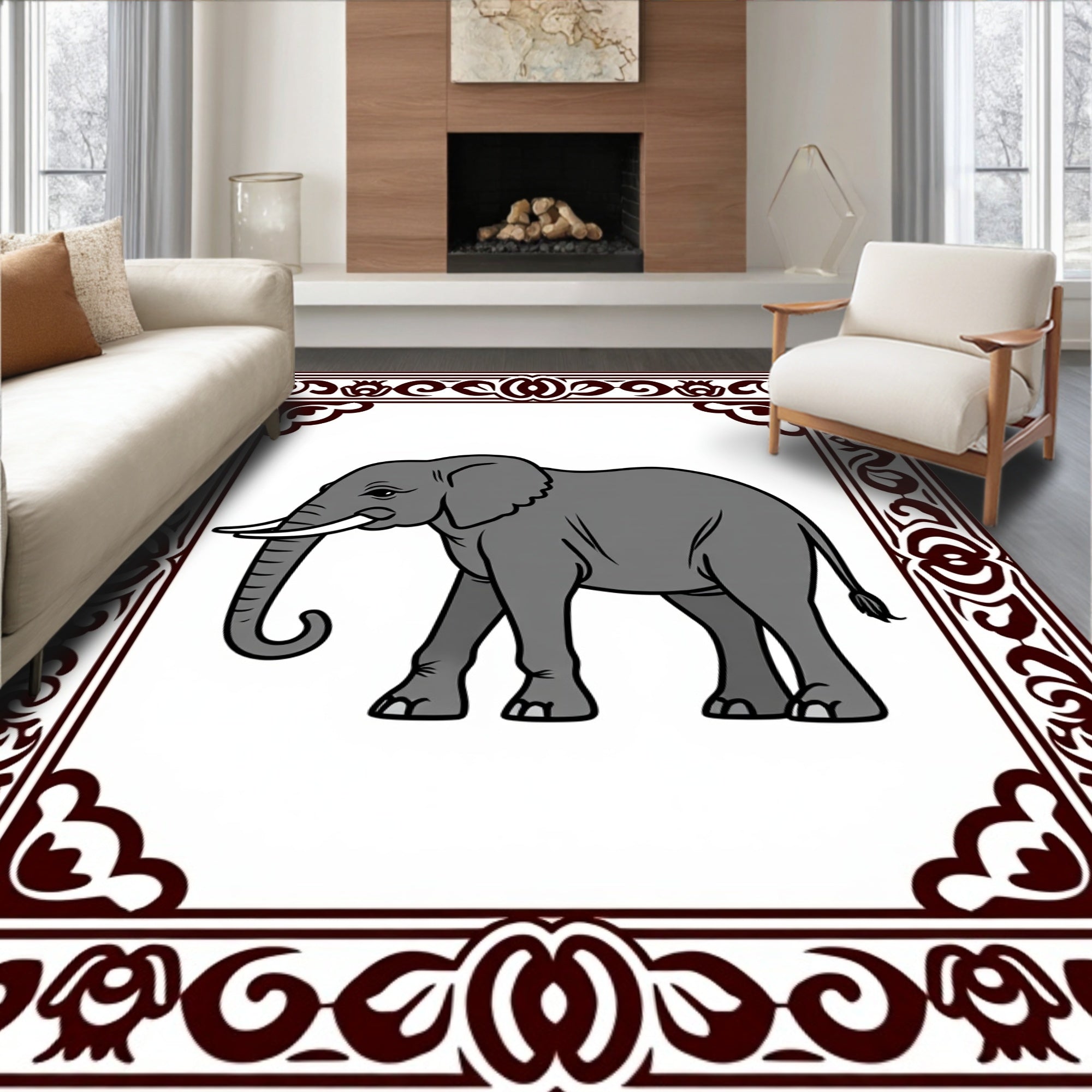 Rustic Elephant With Ornate Border Rug