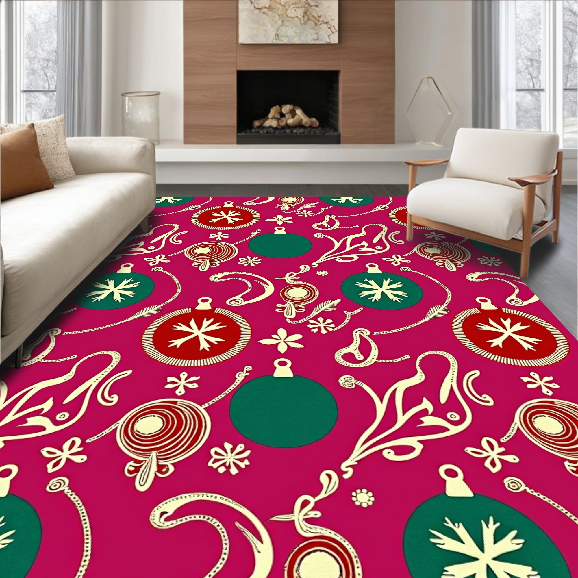 Crimson Festive Ornament Garland Rug