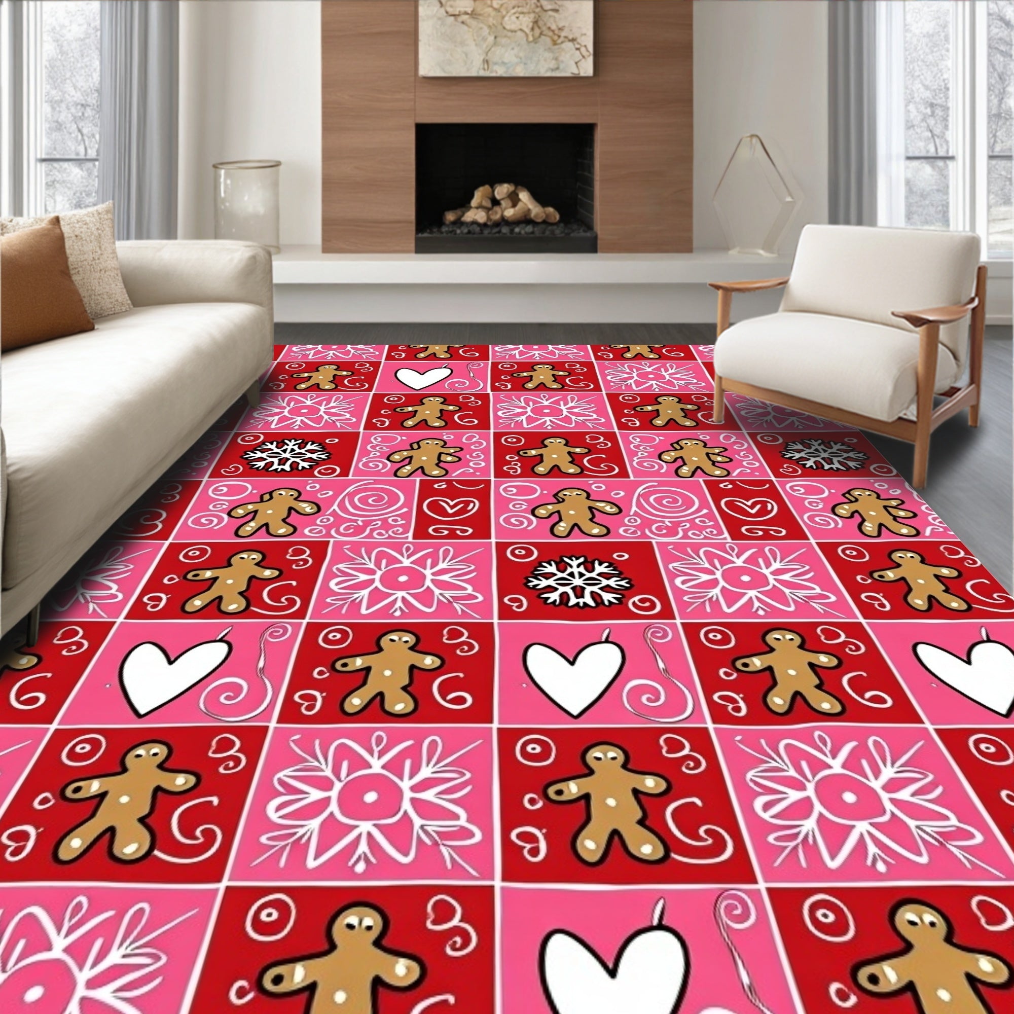 Gingerbread Heart Snowflake Checkerboard Rug