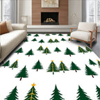 Whimsical Green Christmas Trees Gold Stars Rug