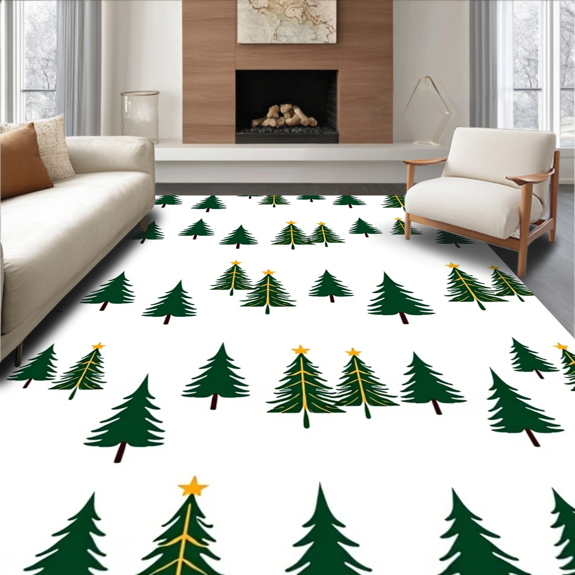 Whimsical Green Christmas Trees Gold Stars Rug