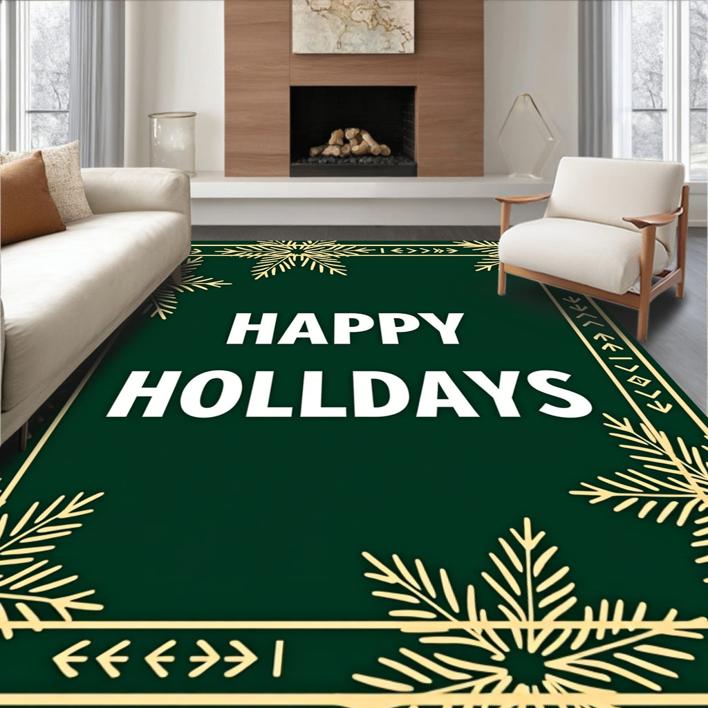 Golden Snowflake Green Holiday Border Rug
