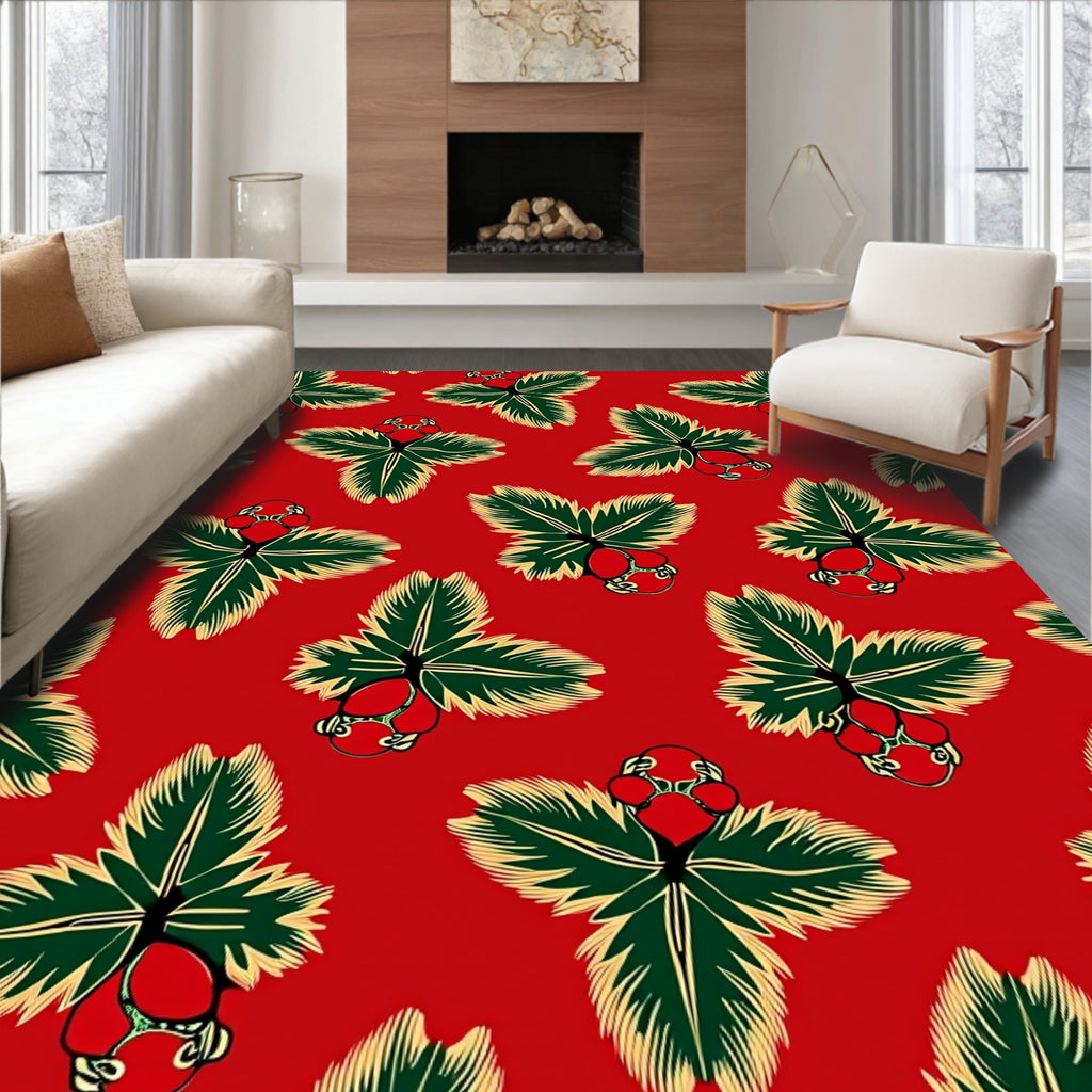 Vintage Red Strawberry Foliage Arrangement Rug