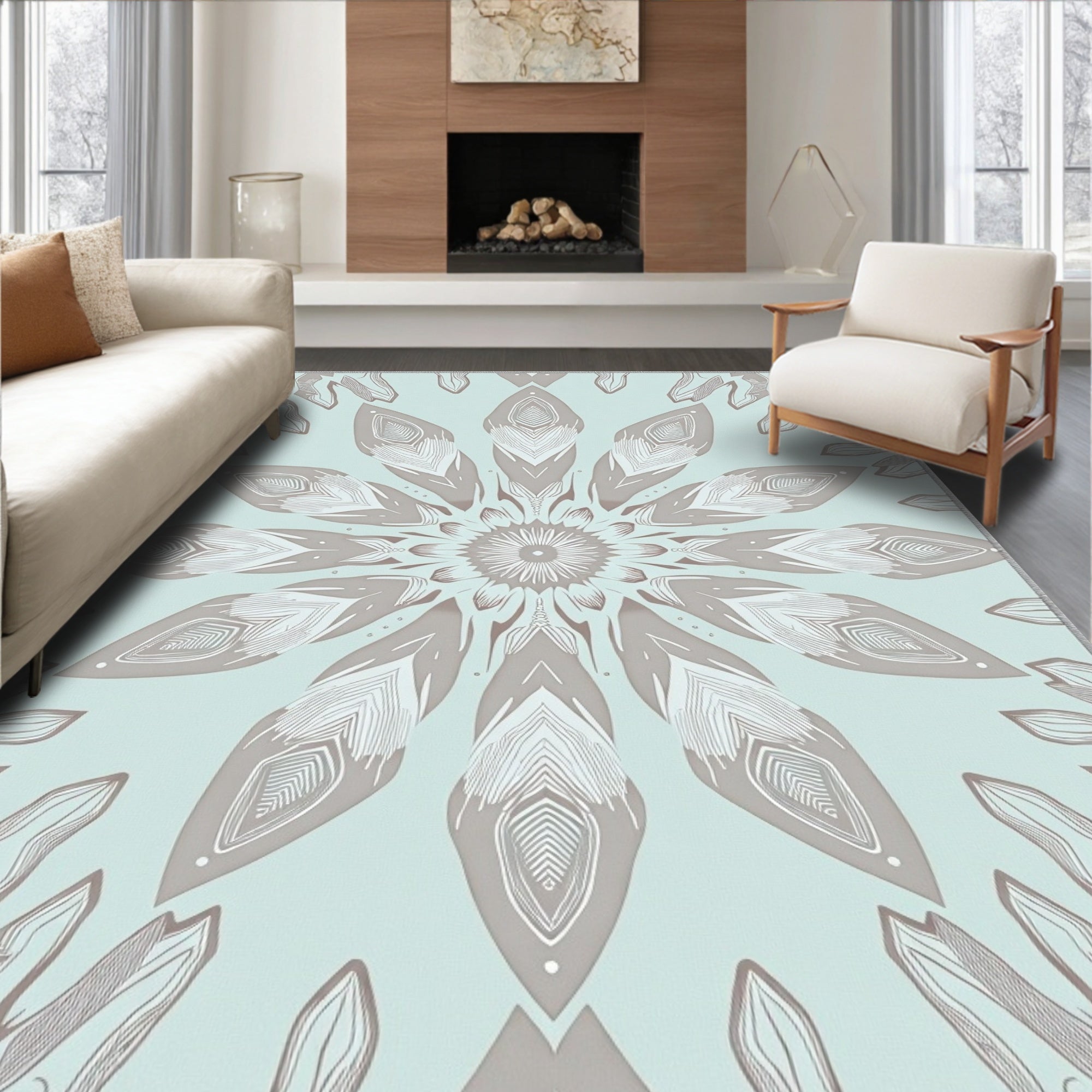 Pale Aqua Sunburst Mandala Rug
