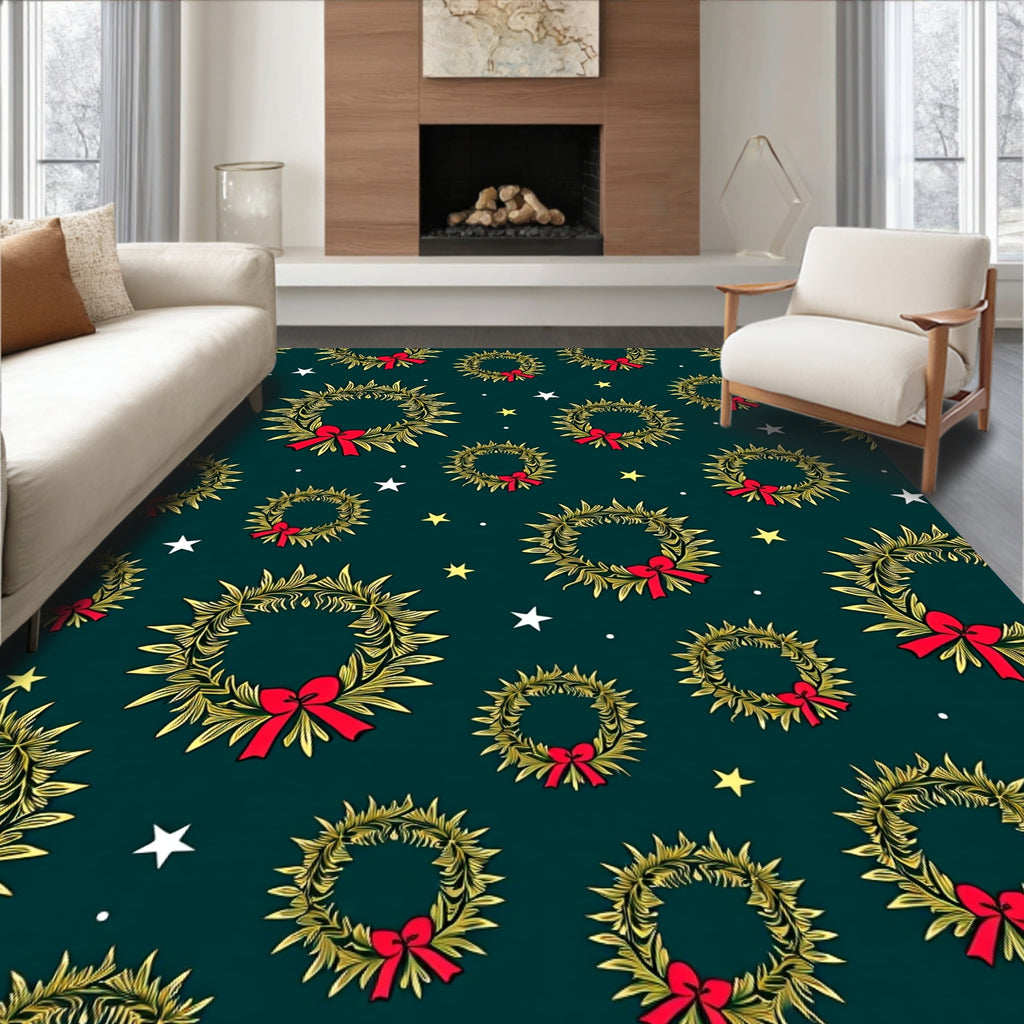 Golden Wreath Red Bow Stars Rug