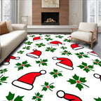 Red Santa Hats Green Holly Festive Rug