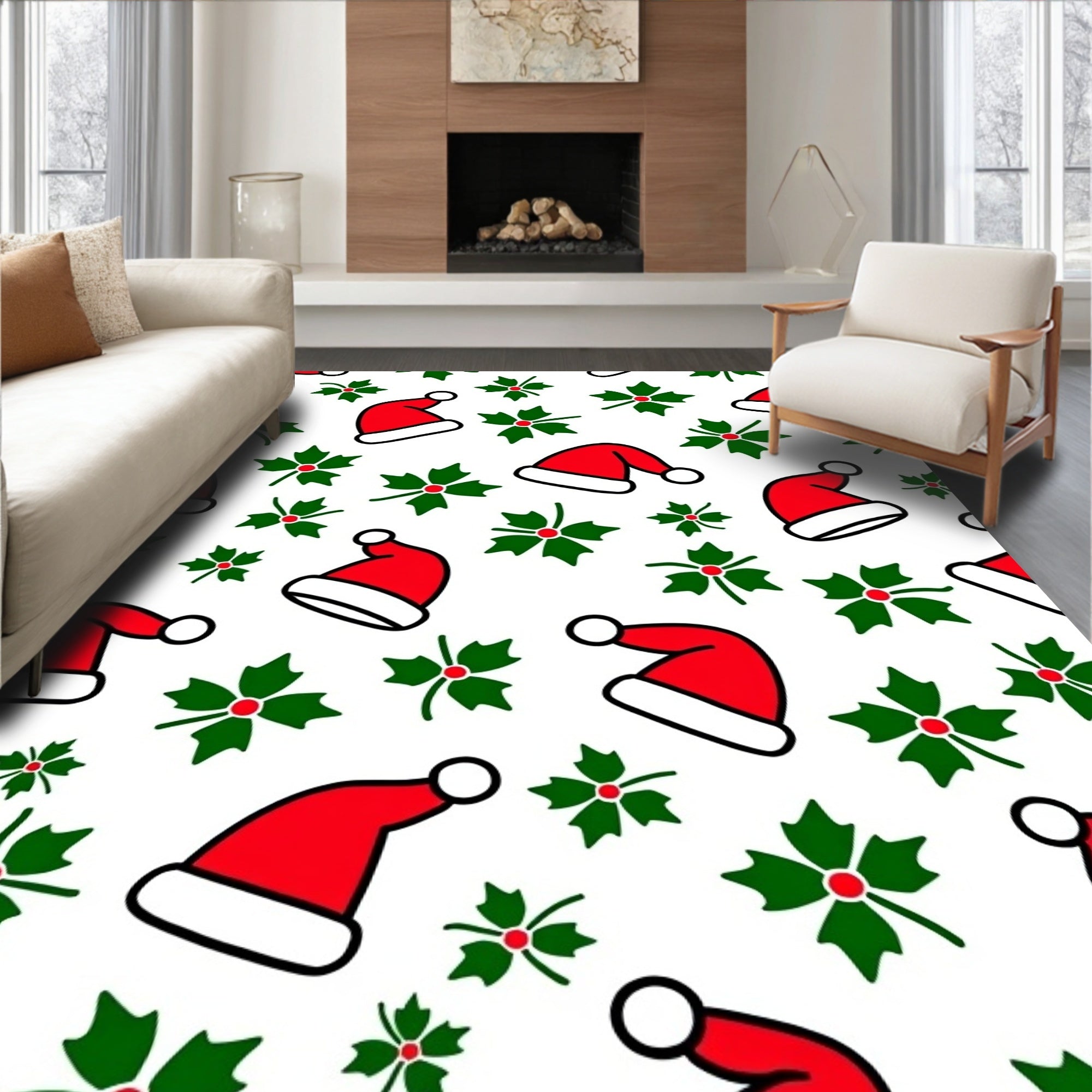 Red Santa Hats Green Holly Festive Rug
