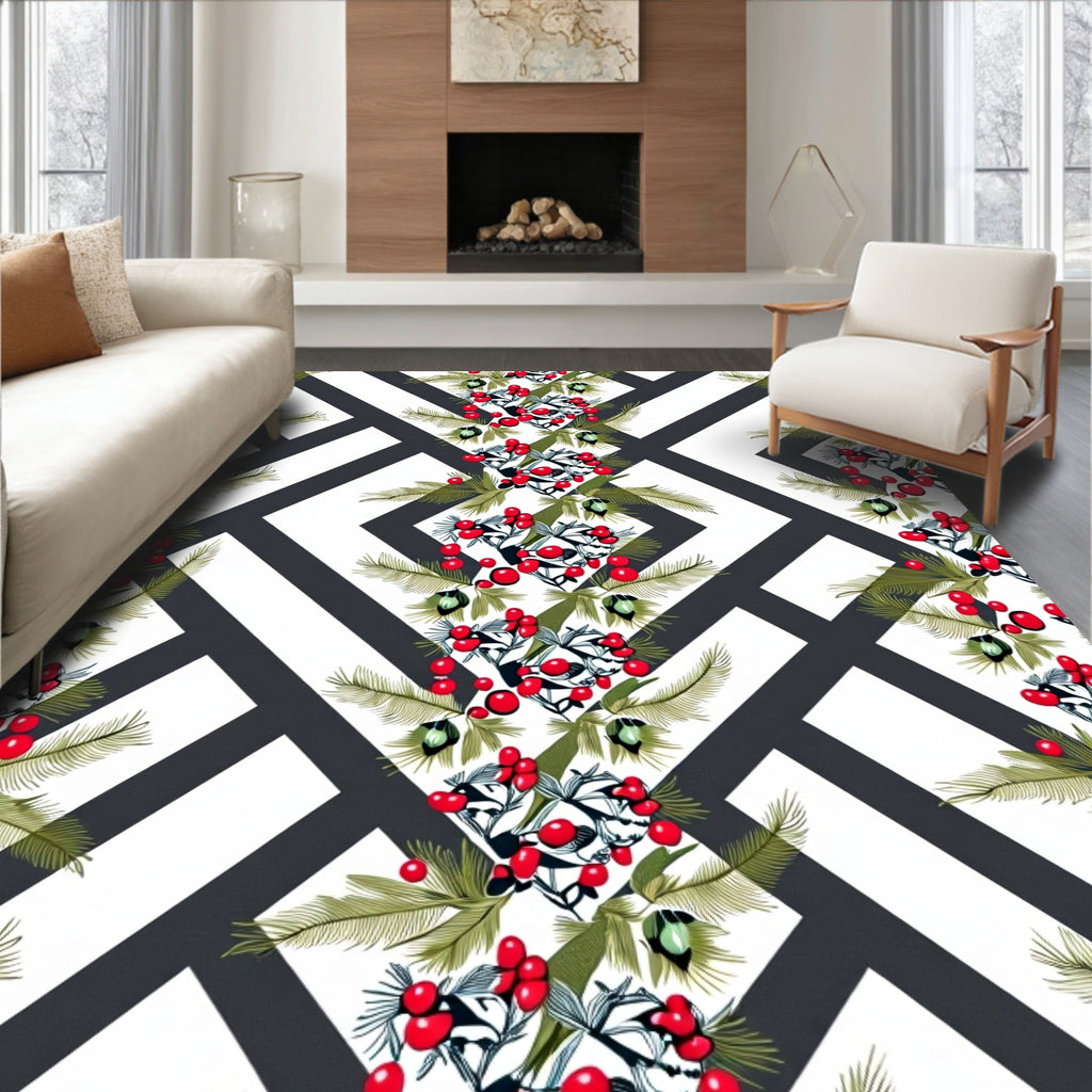 Crimson Berry Branches Geometric Lattice Rug