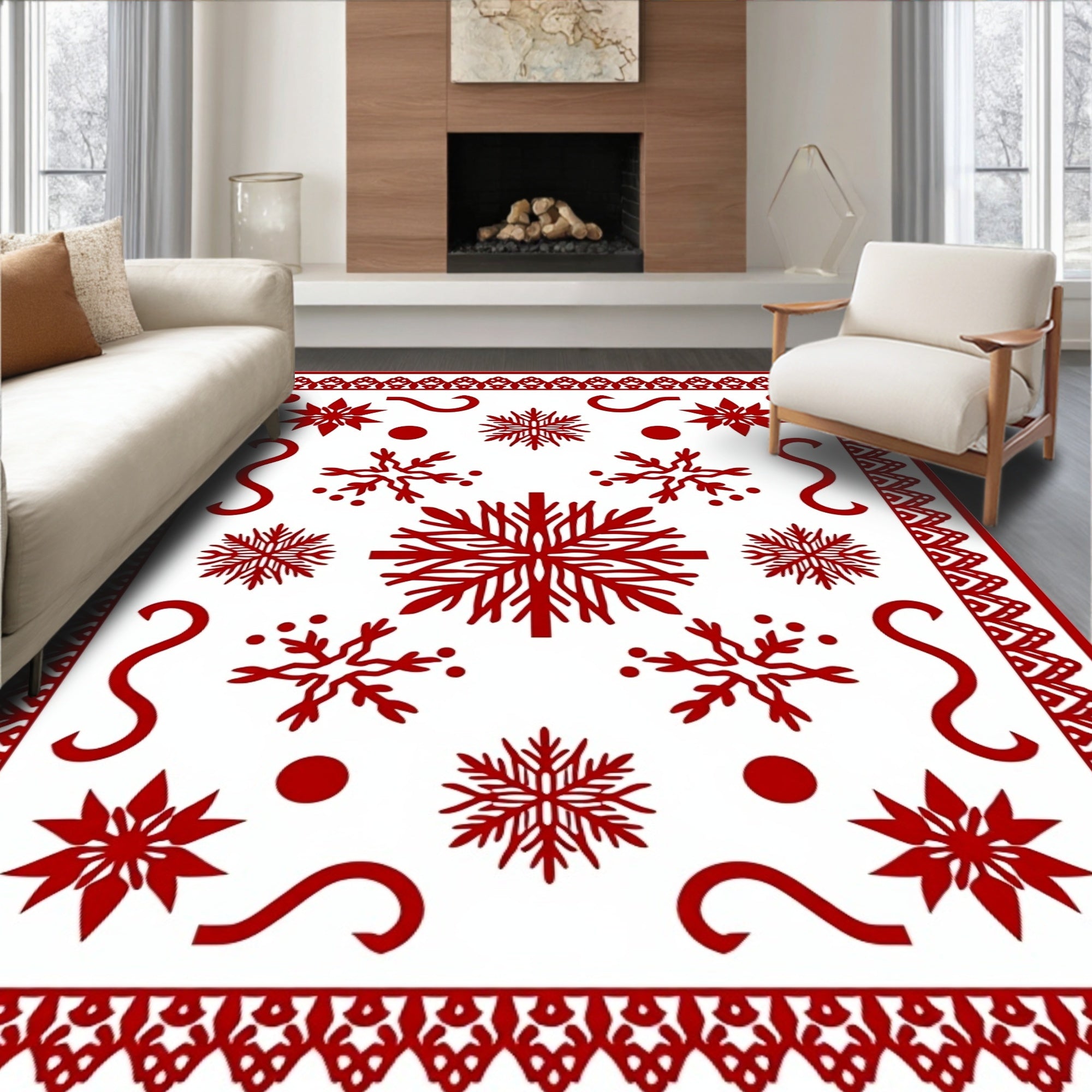 Red Snowflake Bordered Abstract Snowflakes Rug