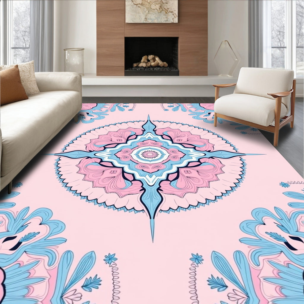 Soft Pink Blue Mandala Medallion Rug
