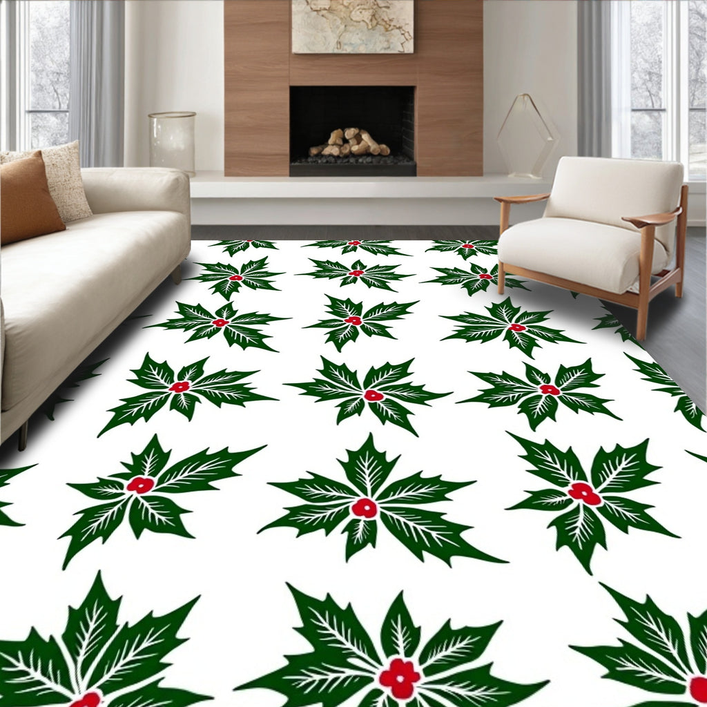 Classic Green Red Holly Festive Collection Rug