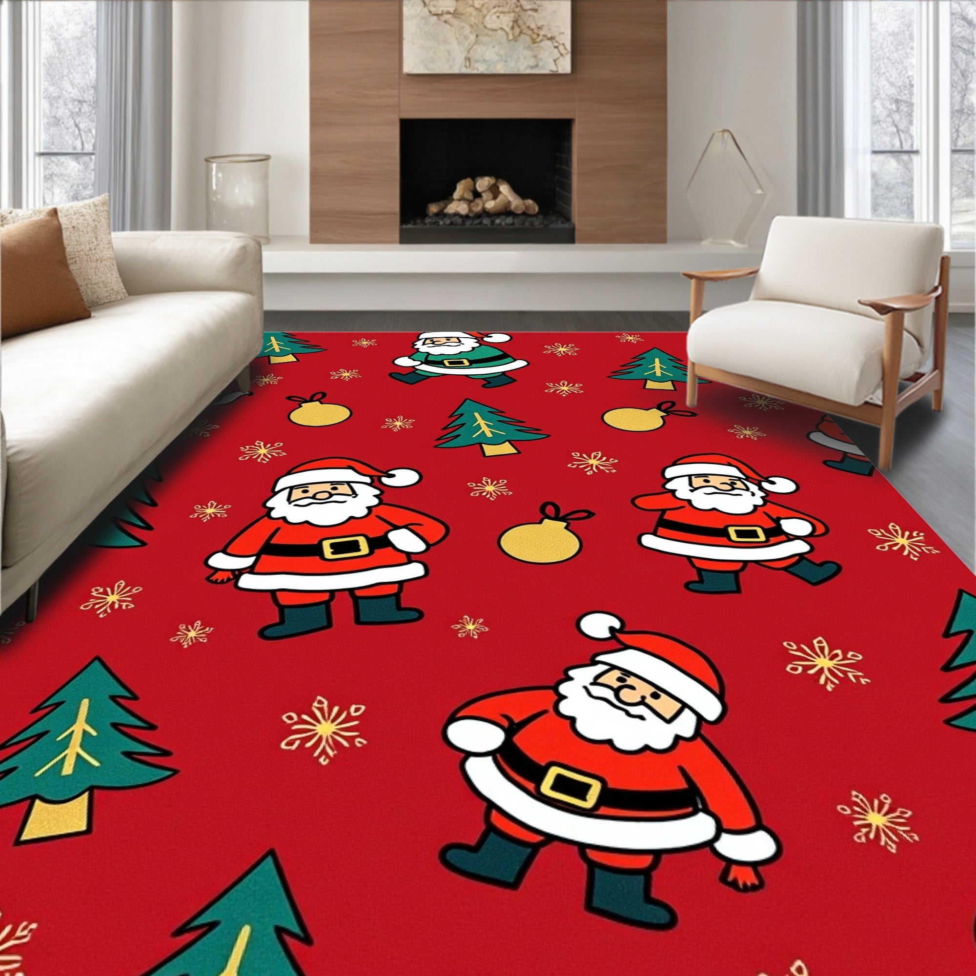 Christmas Red Santa Trees Ornaments Rug
