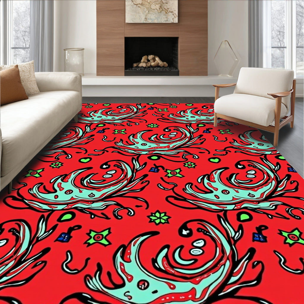 Red Aqua Floral Swirls Folk Rug