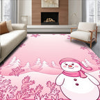Winter Pink Snowman Forest Scene Rug
