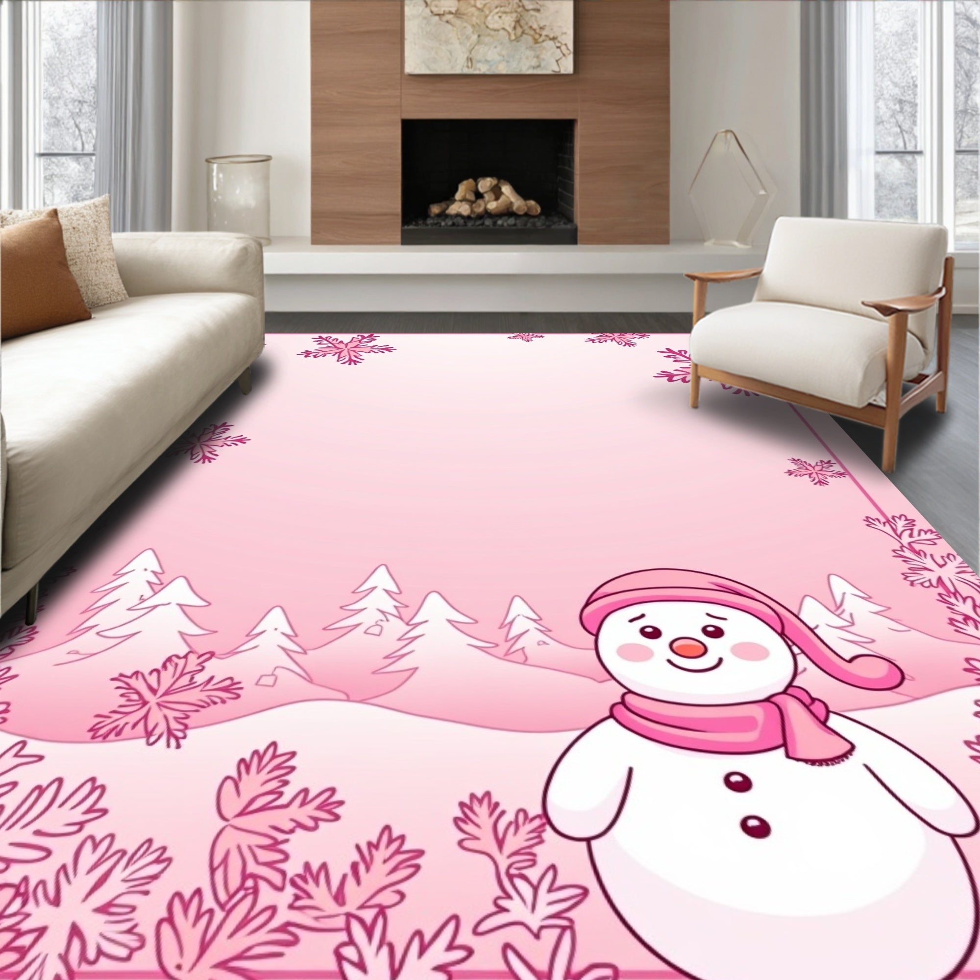 Winter Pink Snowman Forest Scene Rug