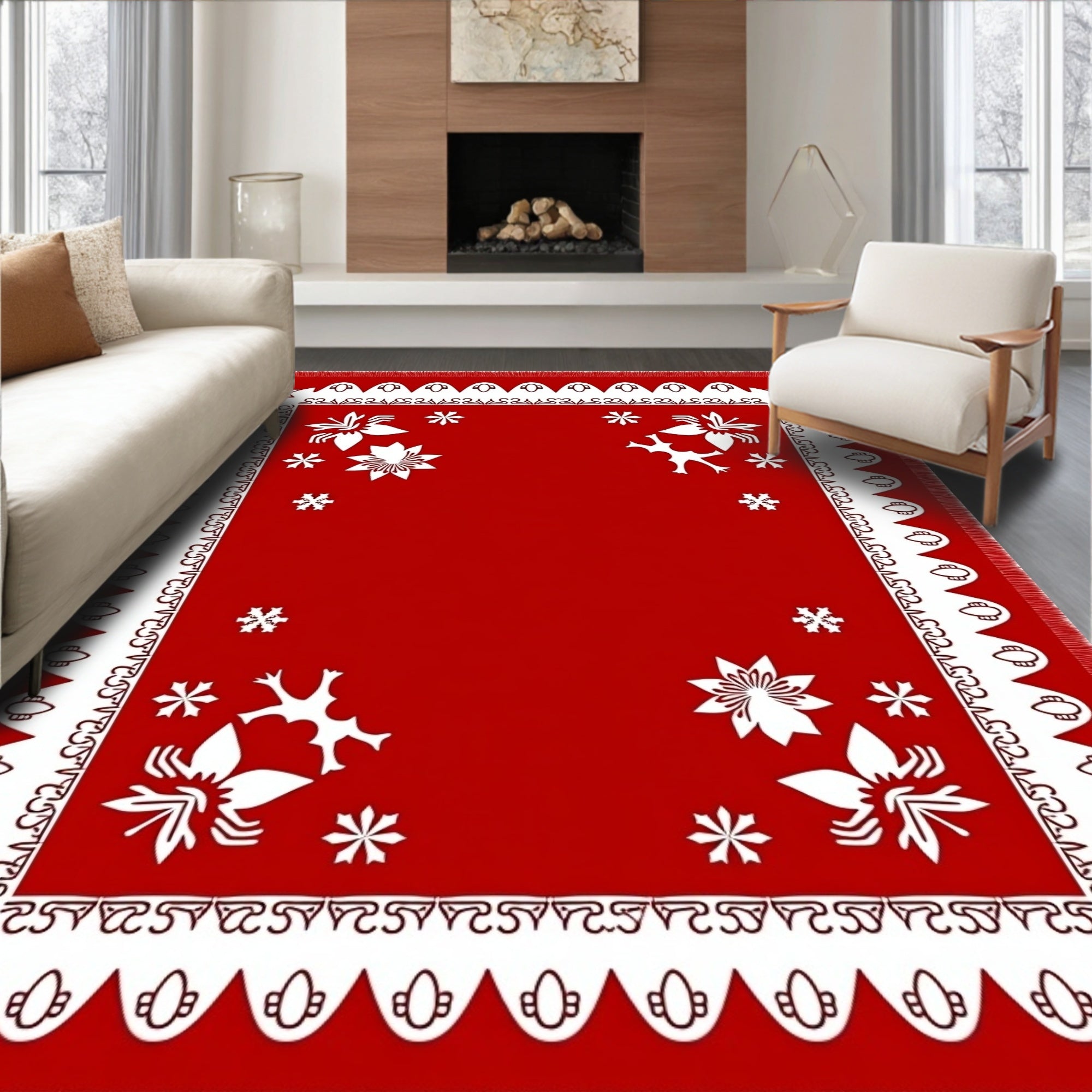 Crimson Snowflakes Floral Border Rug