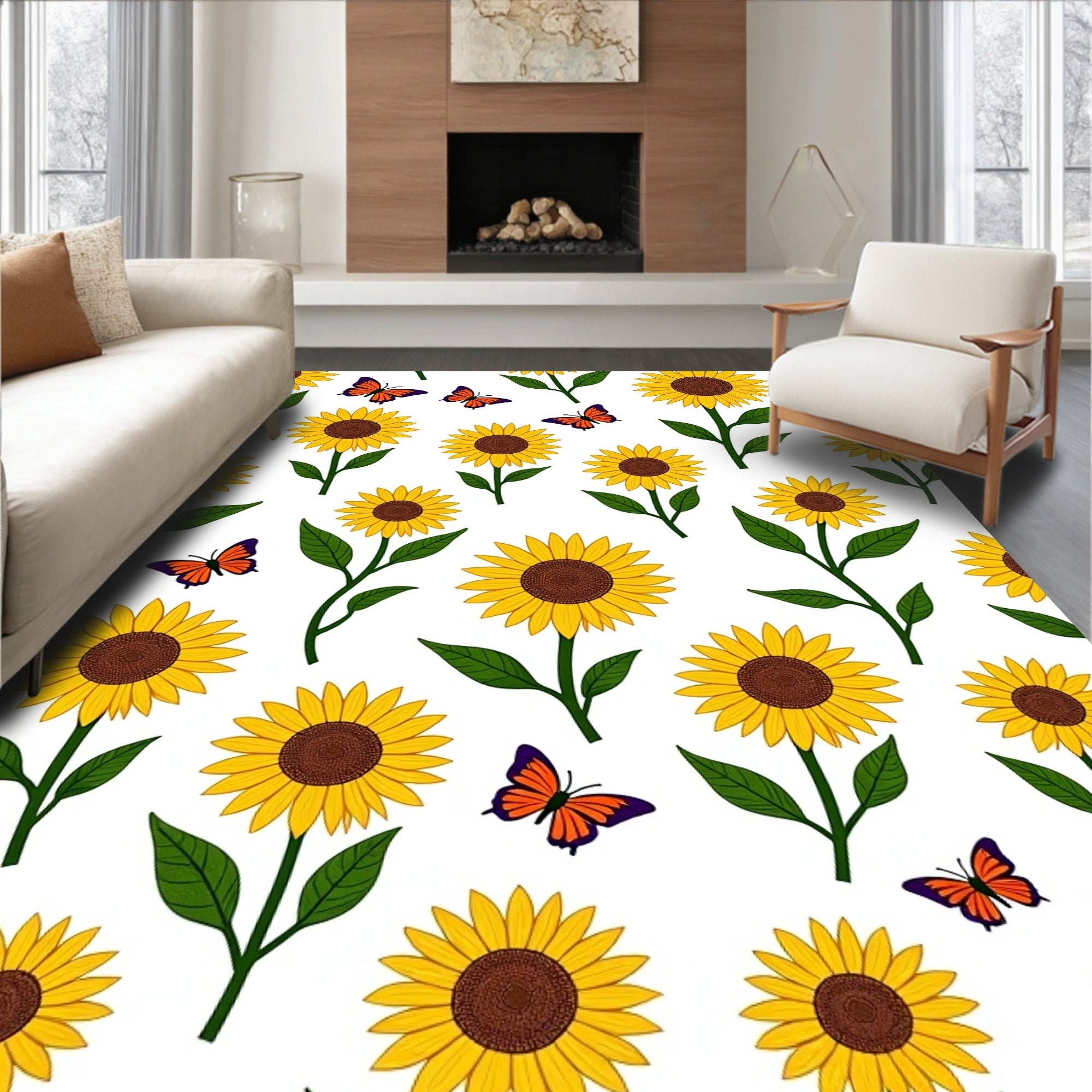 Cheerful Yellow Sunflower Butterfly Collage Rug