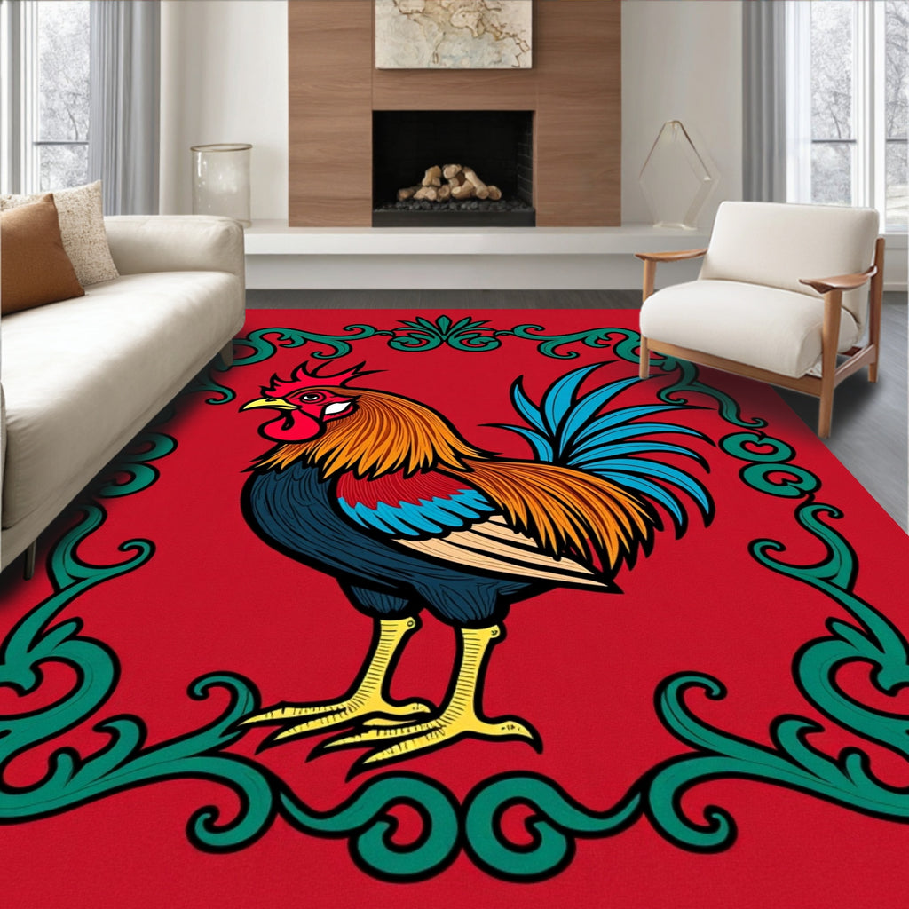 Vibrant Red Rooster Floral Border Rug