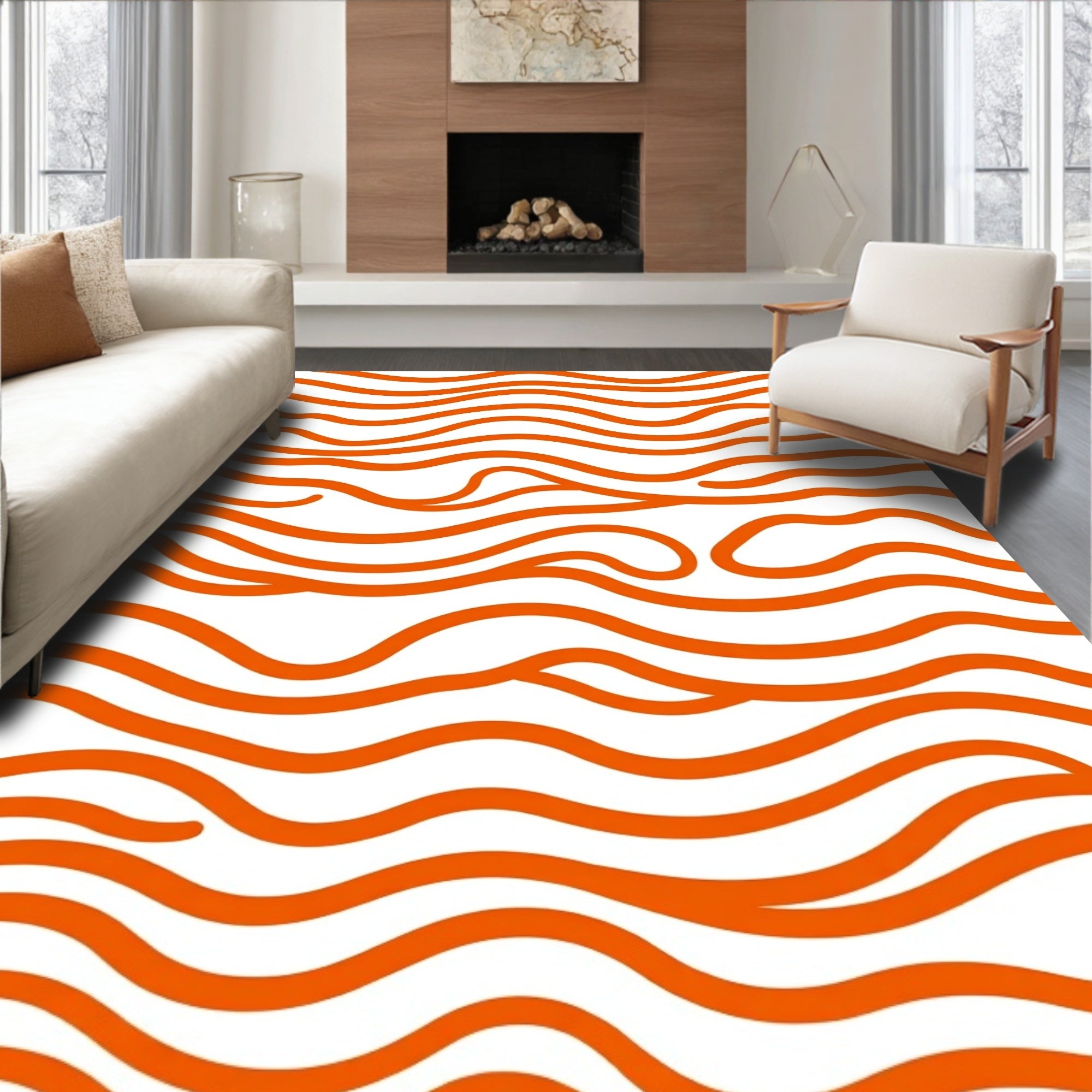 Vibrant Orange Wavy Line Art Rug