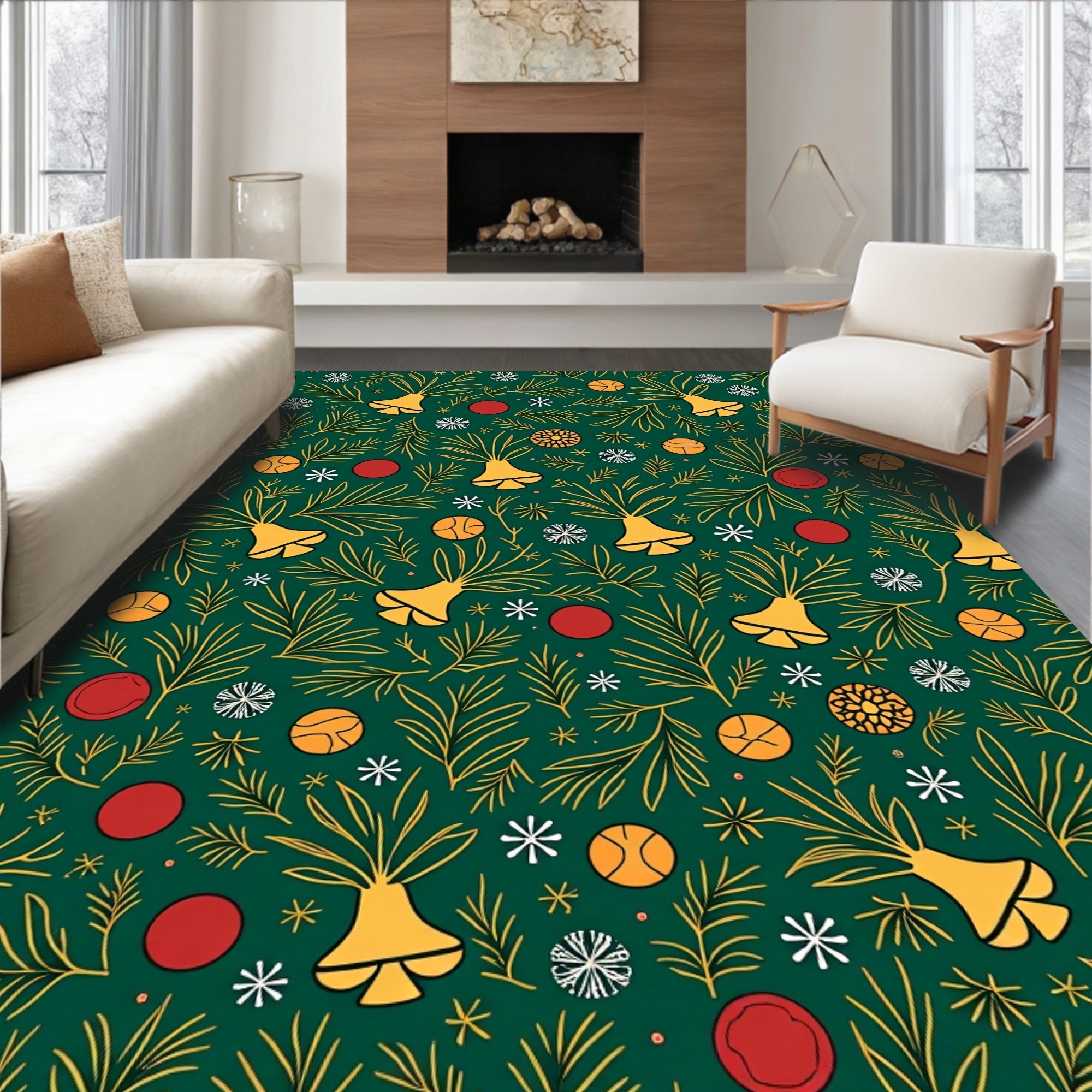 Festive Green Gold Bells Ornaments Rug
