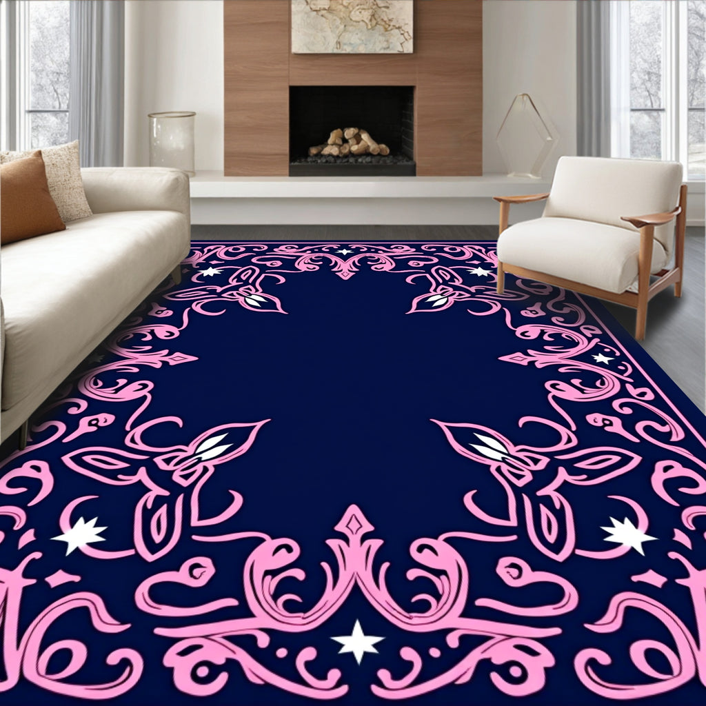 Navy Pink Symmetrical Floral Vines Rug
