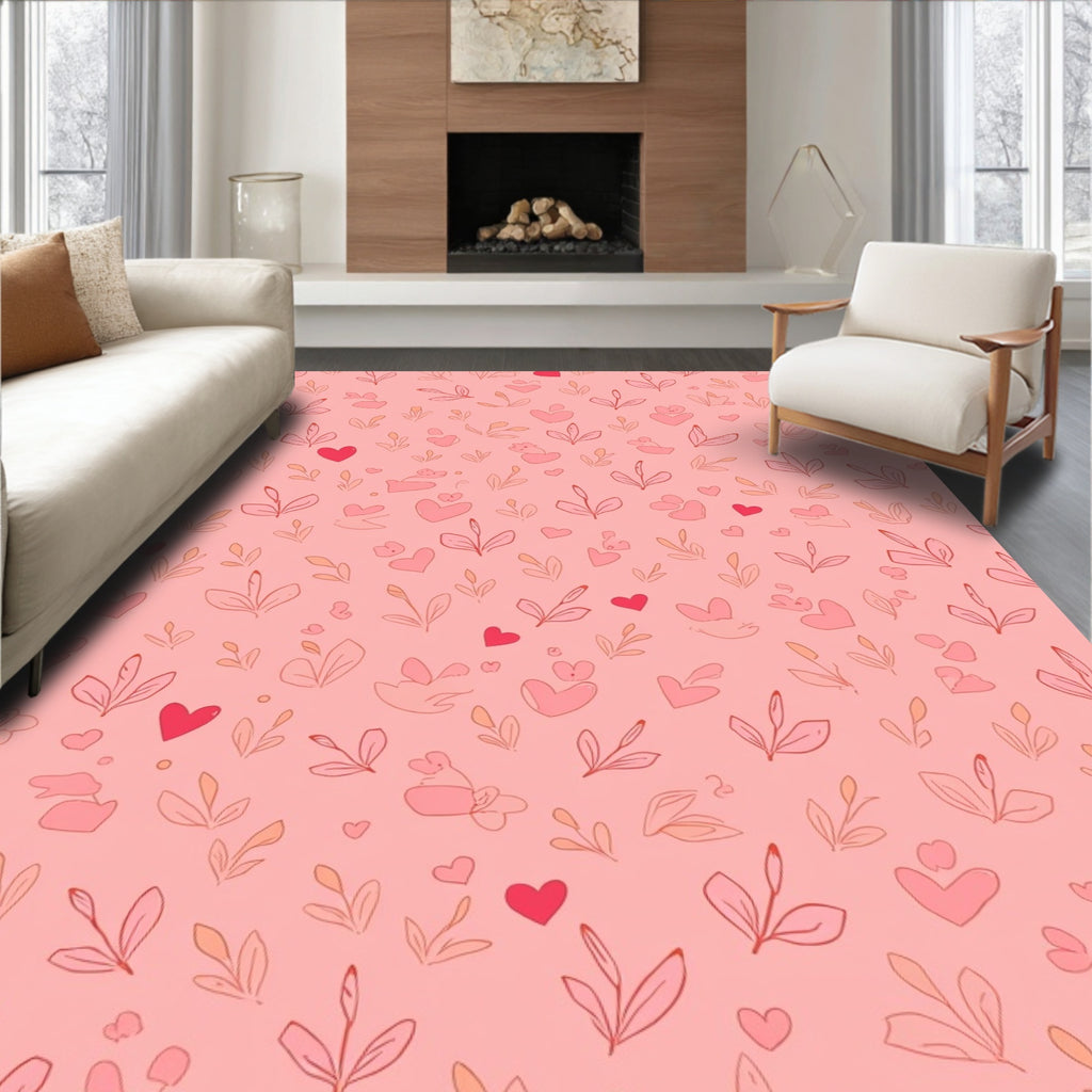 Pink Hearts and Leaves Garden Rug