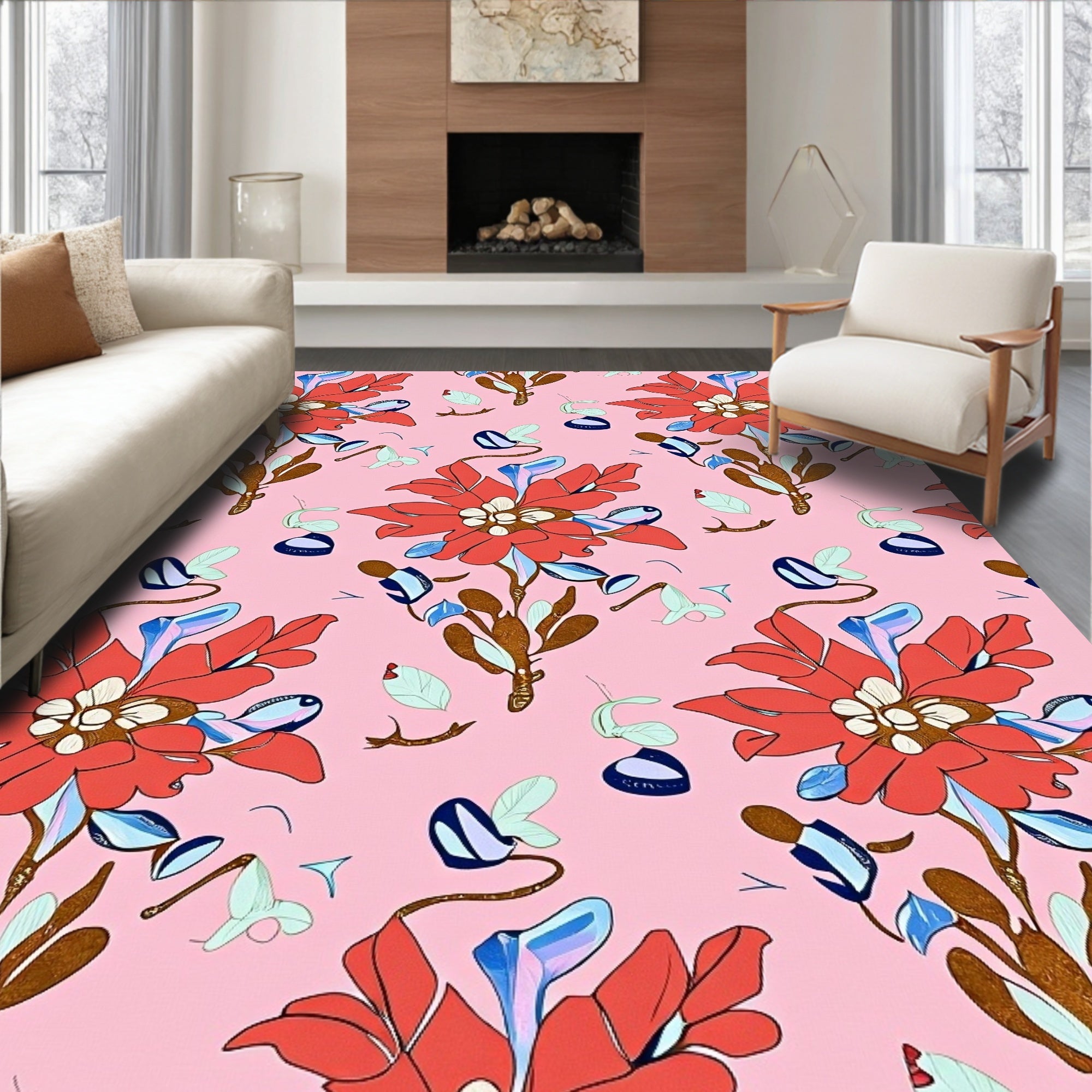 Whimsical Coral Floral Pink Garden Rug